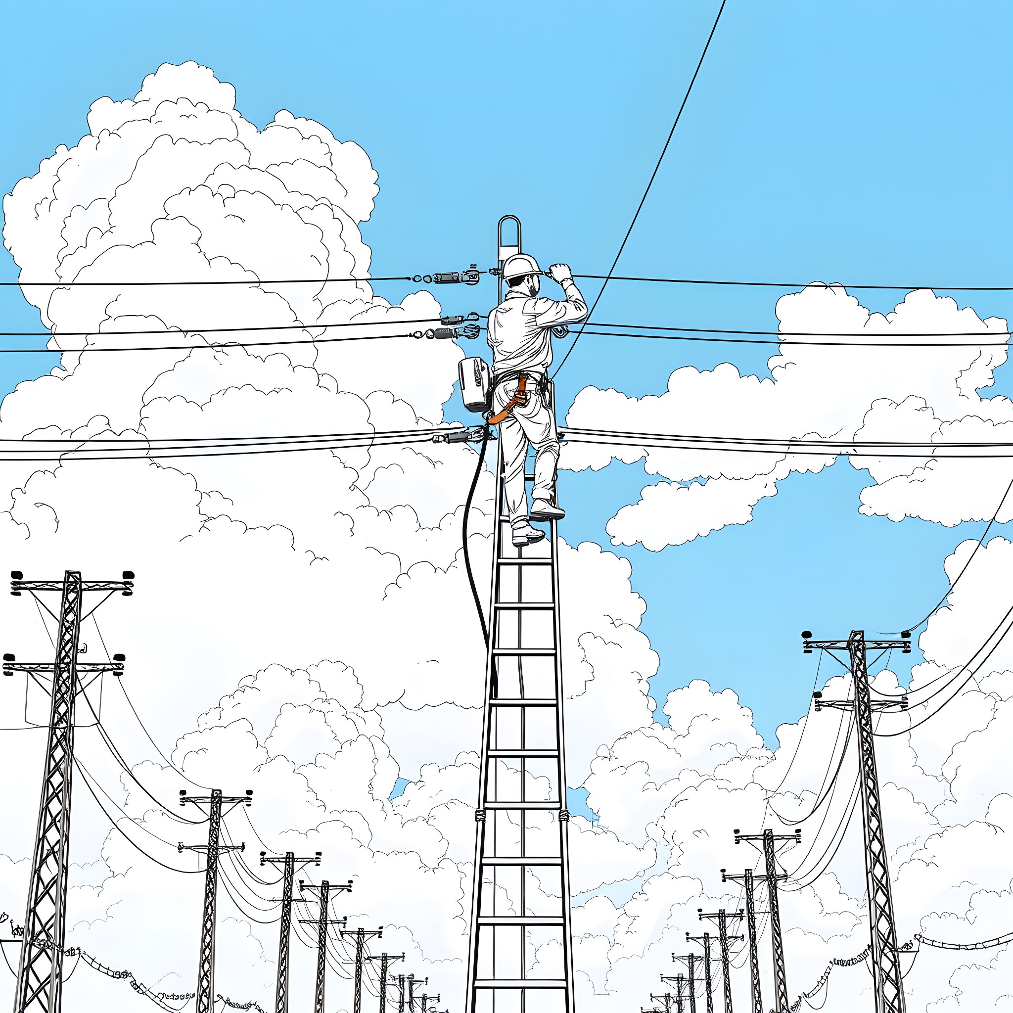 Crewman working on electrical lines against cloudy sky Coloring Page (free black-and-white line drawing printable PDF for all, from beginners to advanced learners, including children, teens, adults, and seniors)