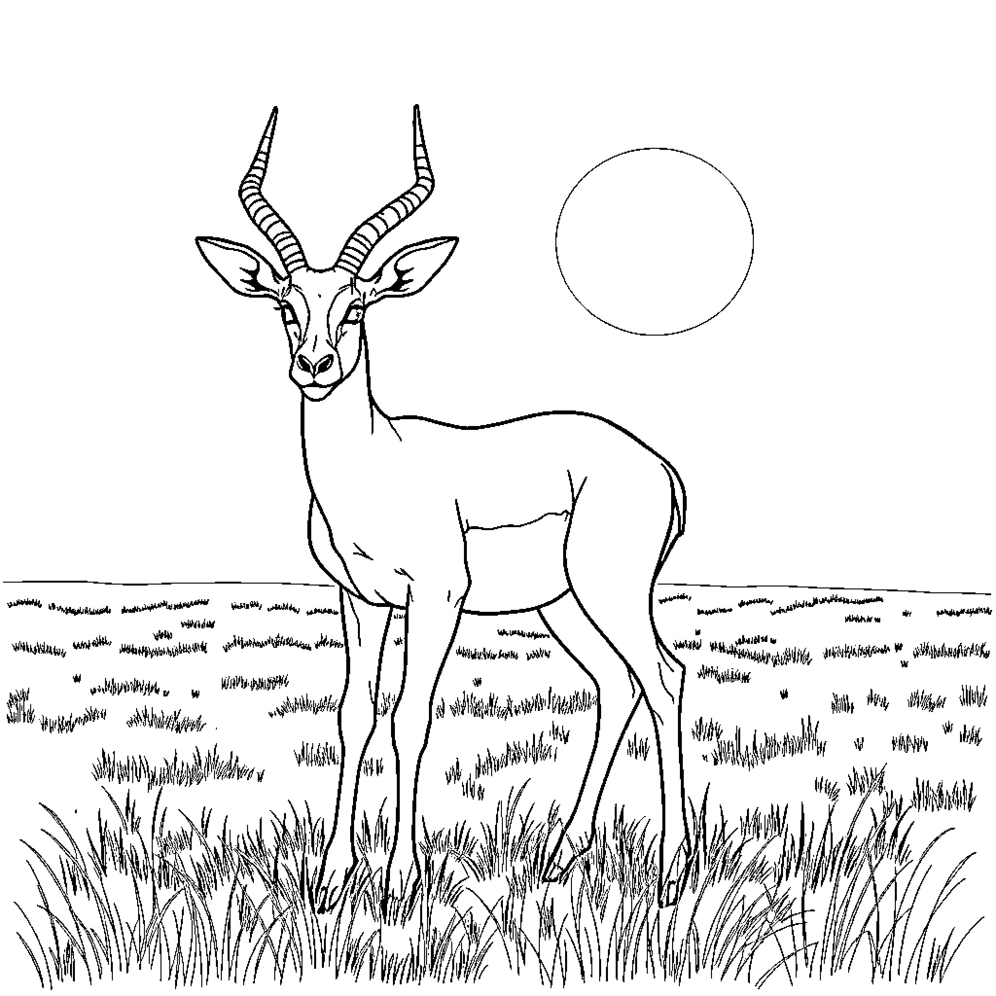 Impala standing proudly in the savanna Coloring Page (free black-and-white line drawing printable PDF for all, from beginners to advanced learners, including children, teens, adults, and seniors)