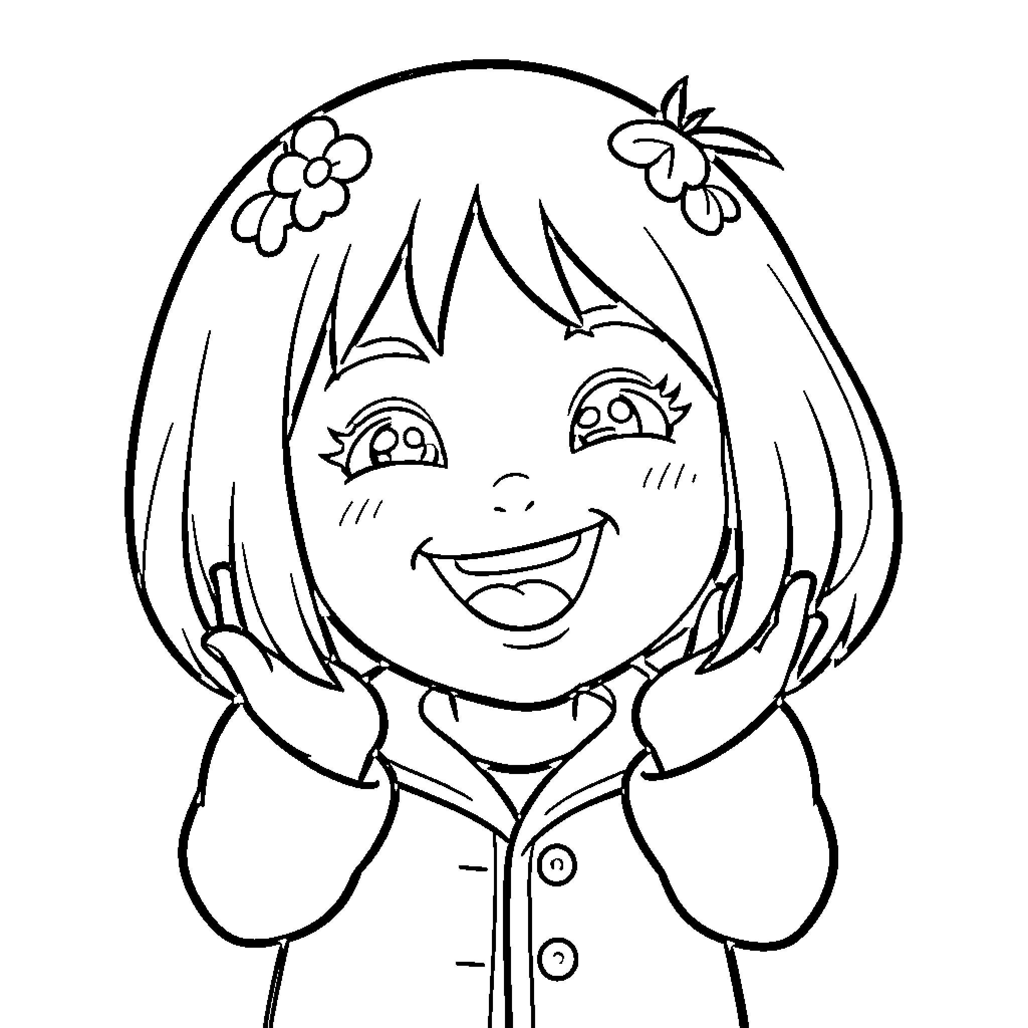 Momo's Cheerful Expression and Flowery Outfit Coloring Page (free black-and-white line drawing printable PDF for all, from beginners to advanced learners, including children, teens, adults, and seniors)