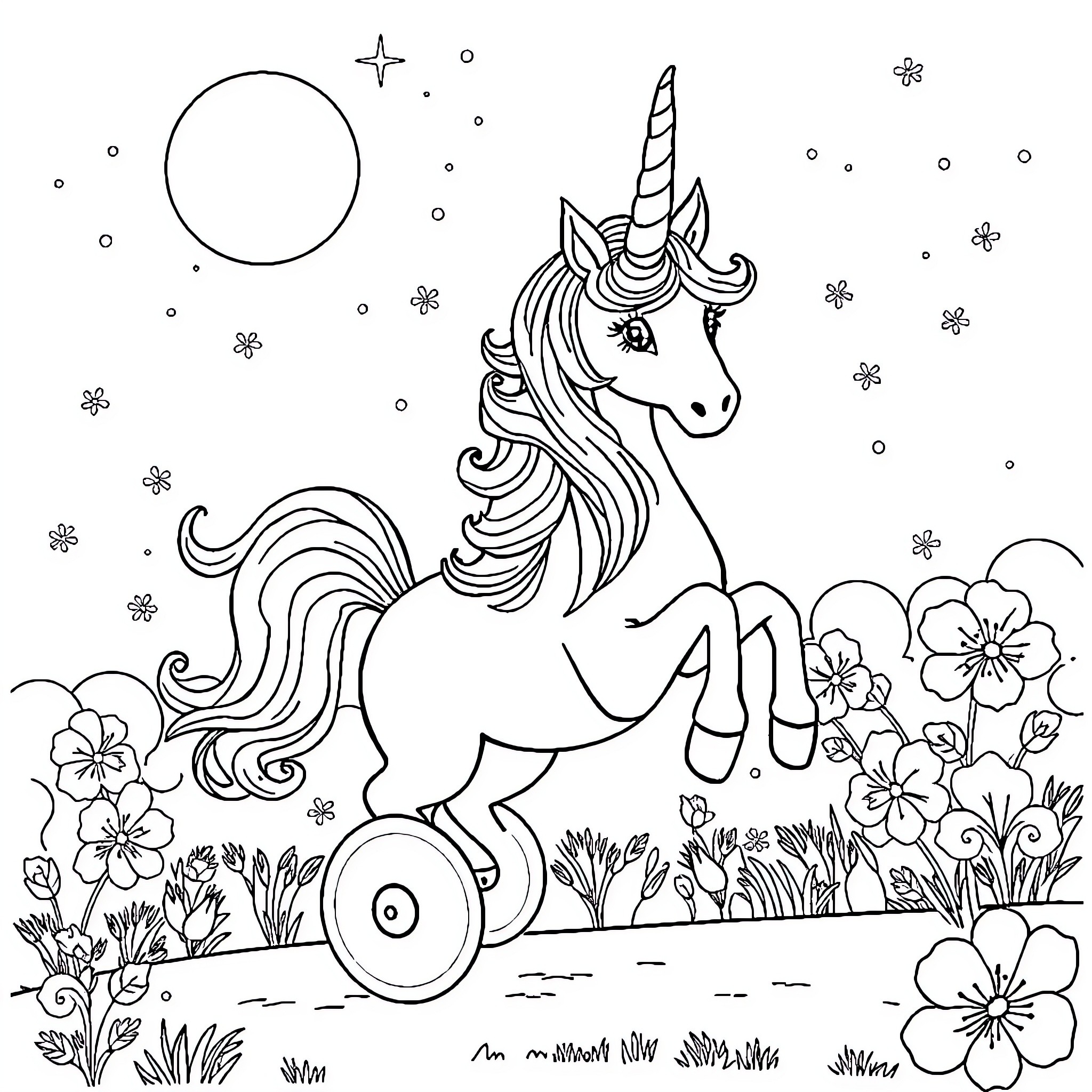 Unicorn galloping through a magical floral meadow Coloring Page (free black-and-white line drawing printable PDF for all, from beginners to advanced learners, including children, teens, adults, and seniors)