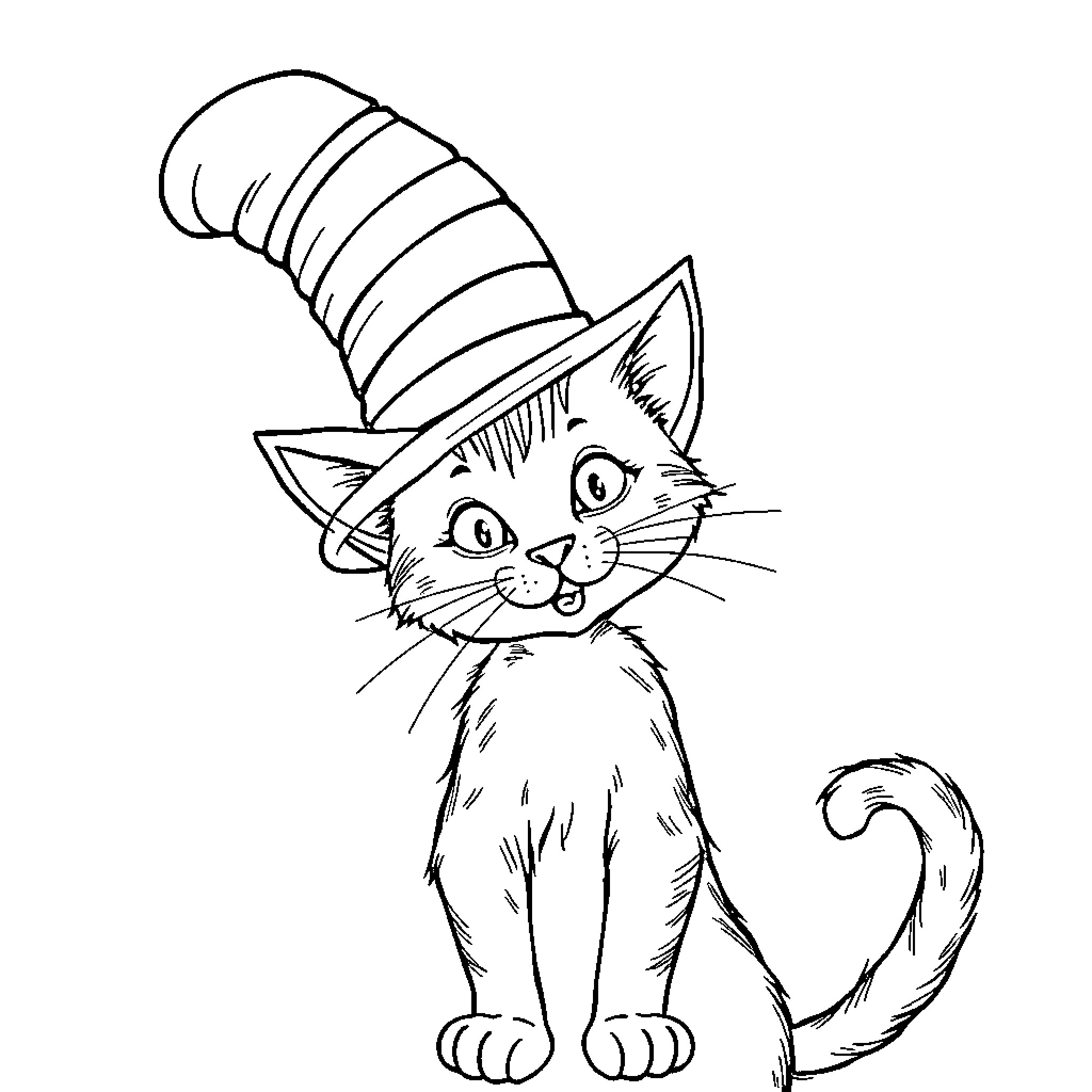 Cat in the Hat enjoying a playful moment Coloring Page (free black-and-white line drawing printable PDF for all, from beginners to advanced learners, including children, teens, adults, and seniors)