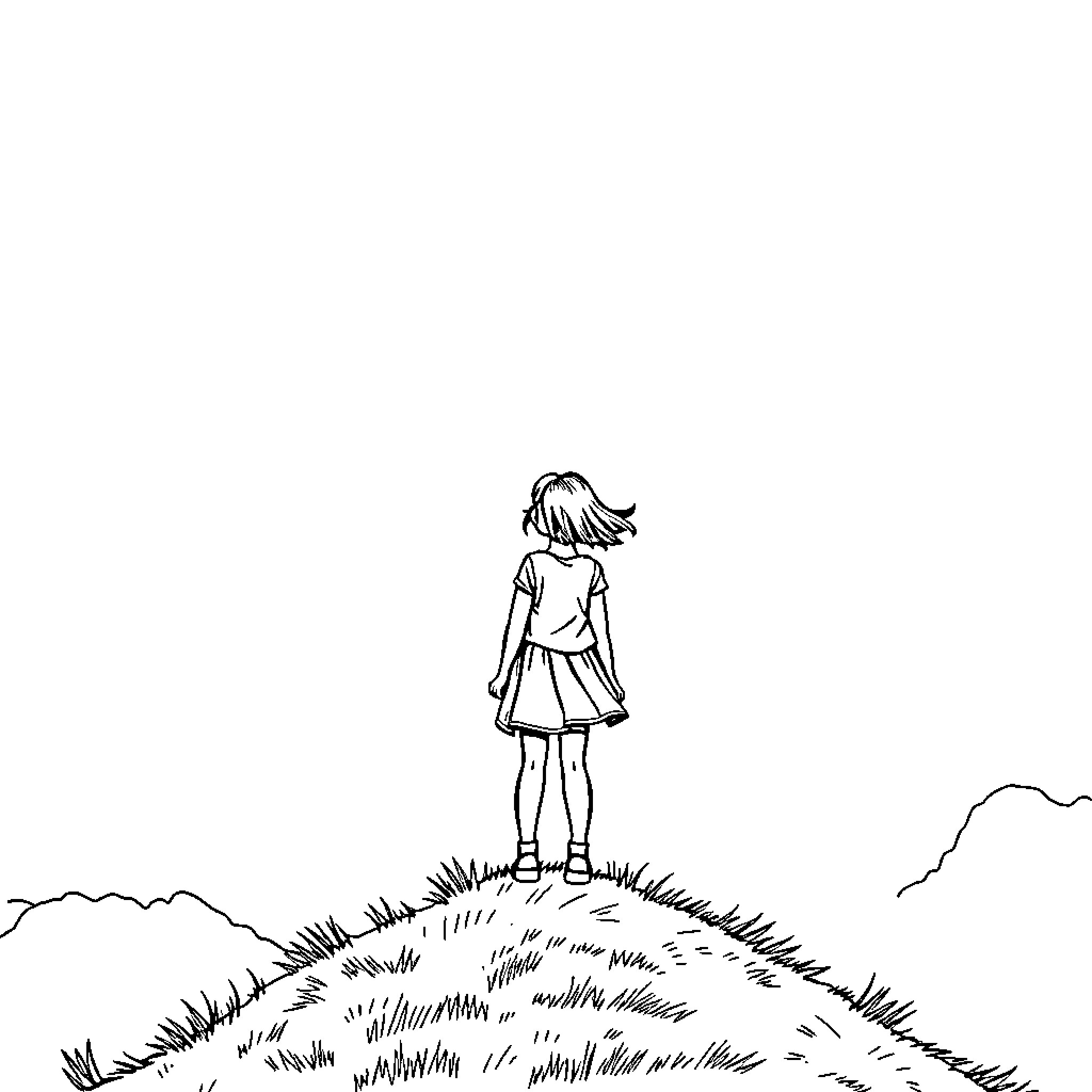 Girl standing on grassy hill against landscape Coloring Page (free black-and-white line drawing printable PDF for all, from beginners to advanced learners, including children, teens, adults, and seniors)