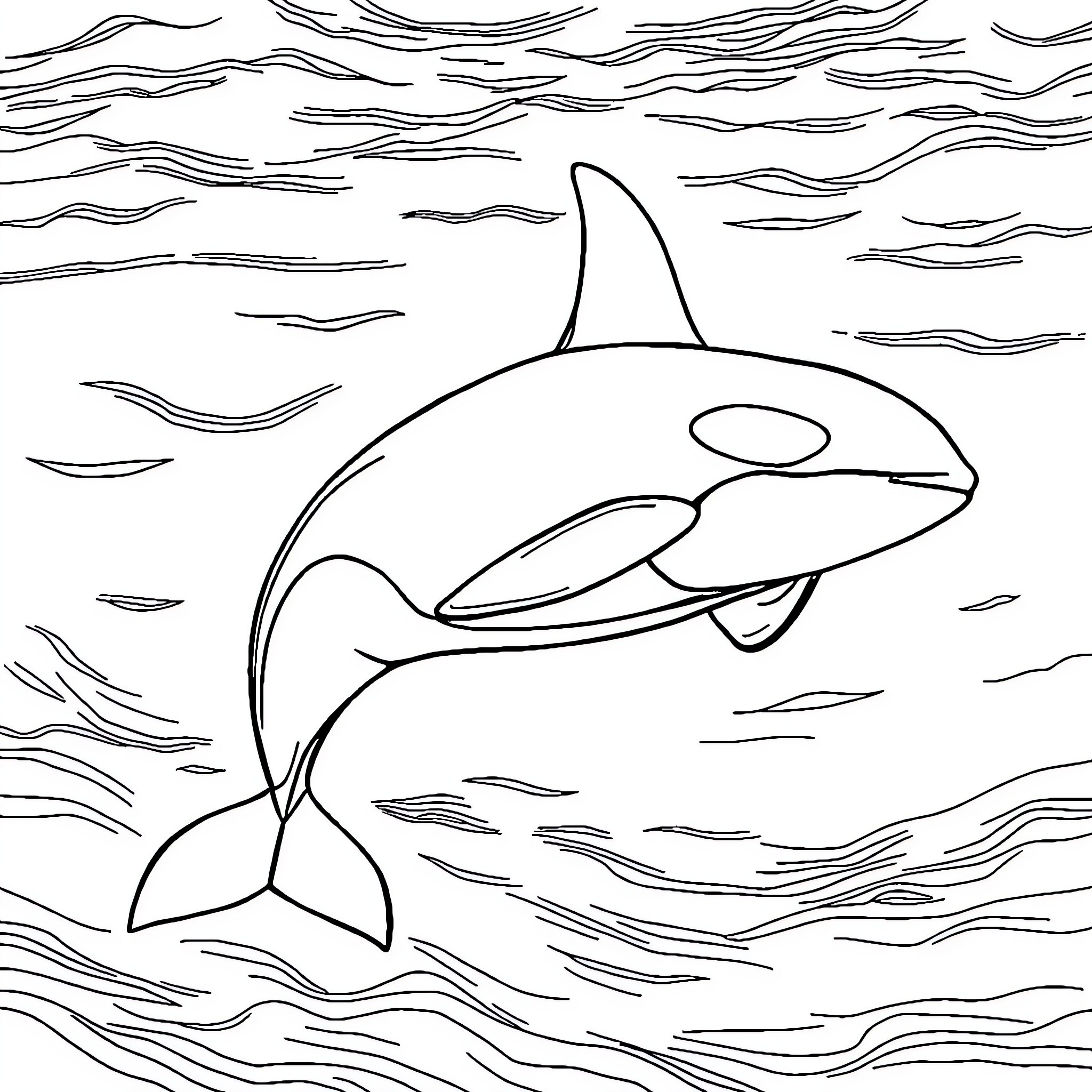 Orca swimming gracefully through the ocean waves Coloring Page (free black-and-white line drawing printable PDF for all, from beginners to advanced learners, including children, teens, adults, and seniors)