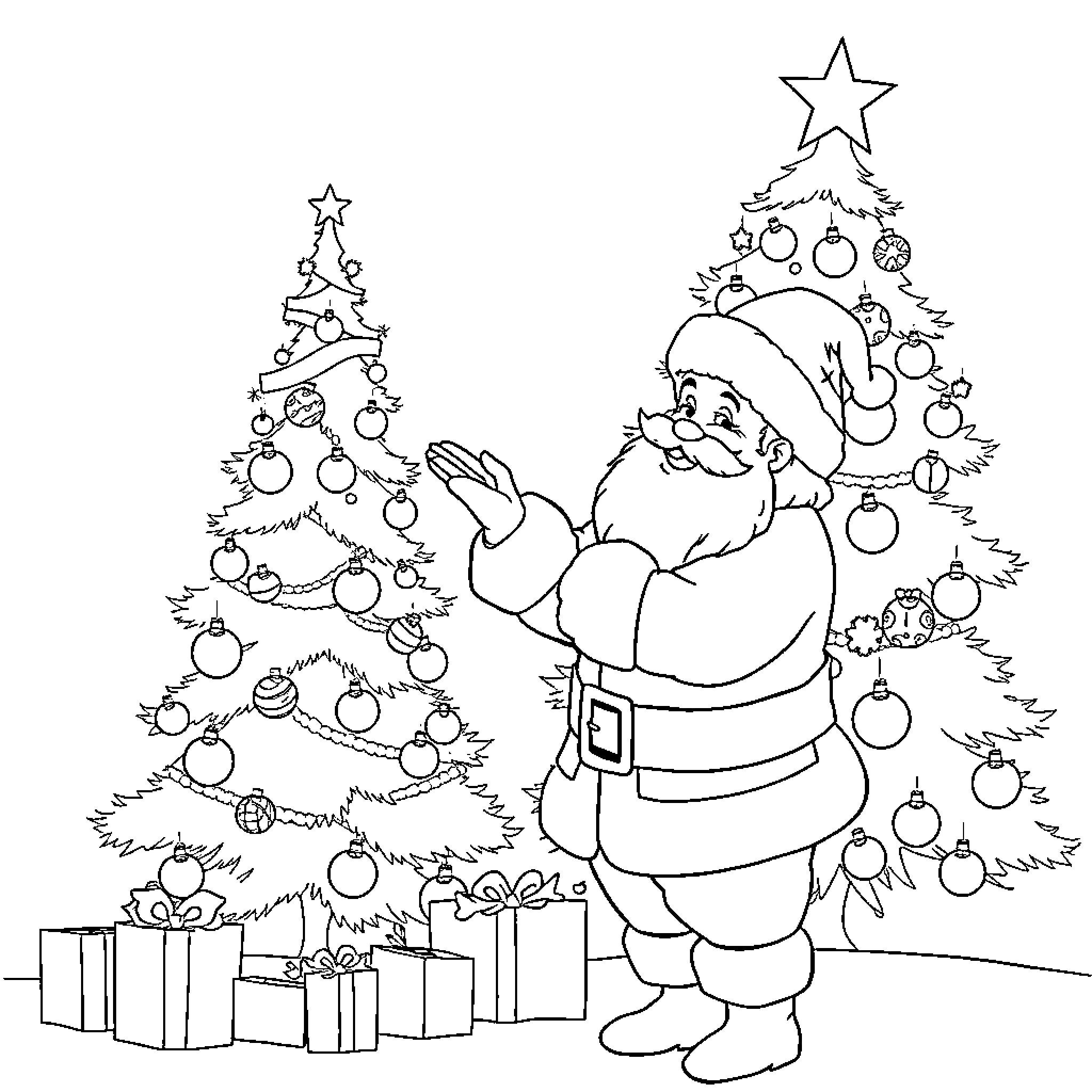 Santa admiring the decorated Christmas trees Coloring Page (free black-and-white line drawing printable PDF for all, from beginners to advanced learners, including children, teens, adults, and seniors)
