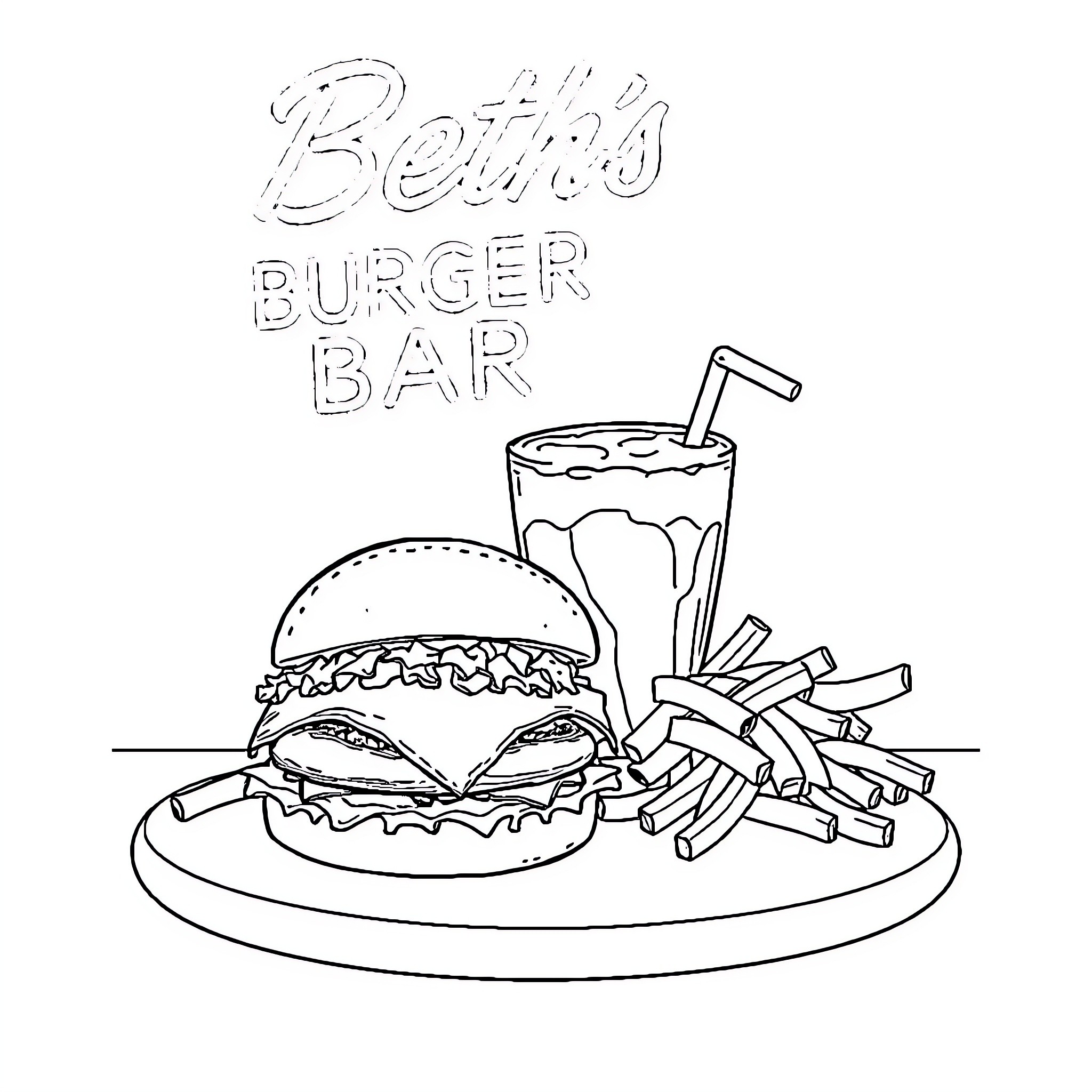 Cheeseburger and Fries at the Burger Bar Coloring Page (free black-and-white line drawing printable PDF for all, from beginners to advanced learners, including children, teens, adults, and seniors)