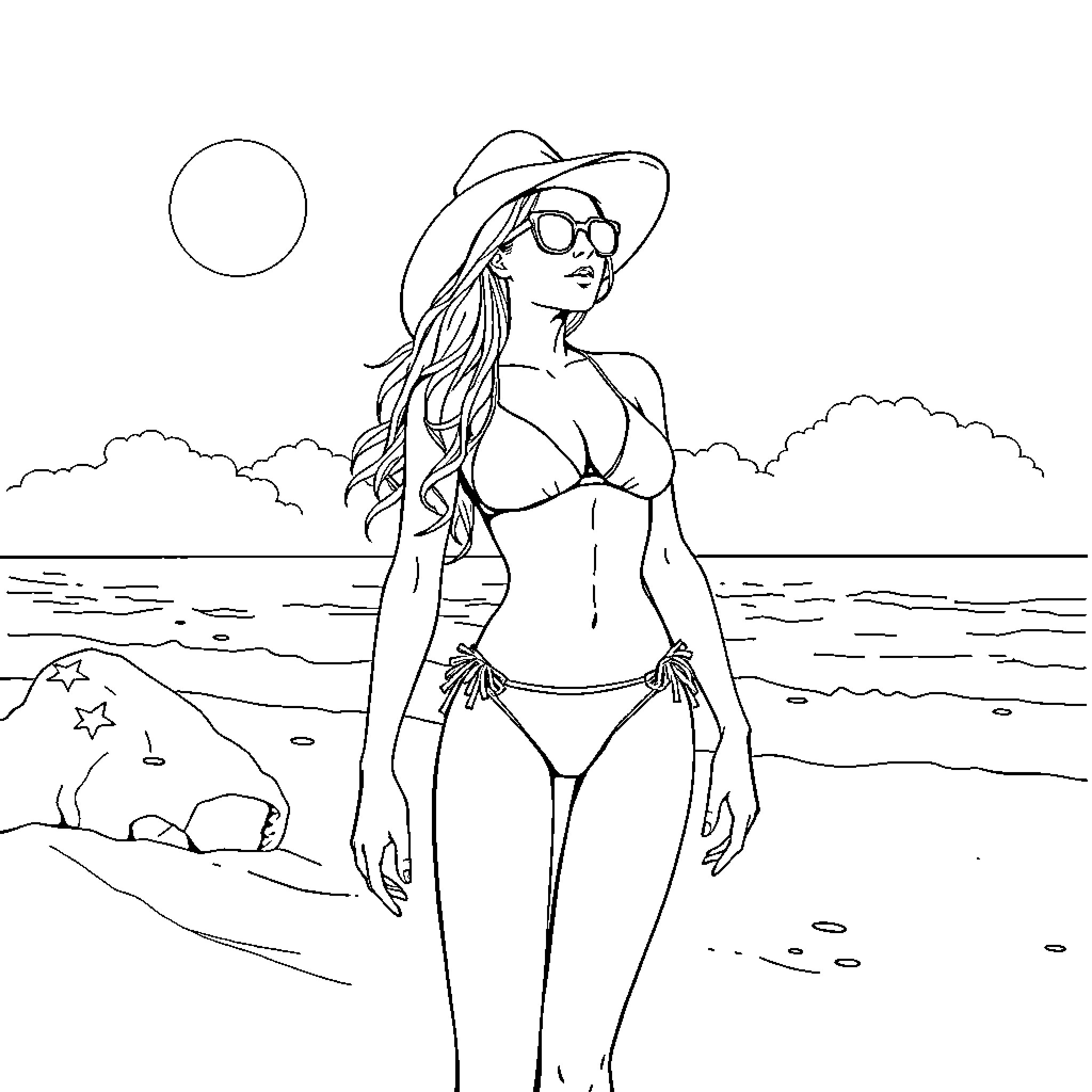 Girl enjoying the sunny beach in bikini Coloring Page (free black-and-white line drawing printable PDF for all, from beginners to advanced learners, including children, teens, adults, and seniors)