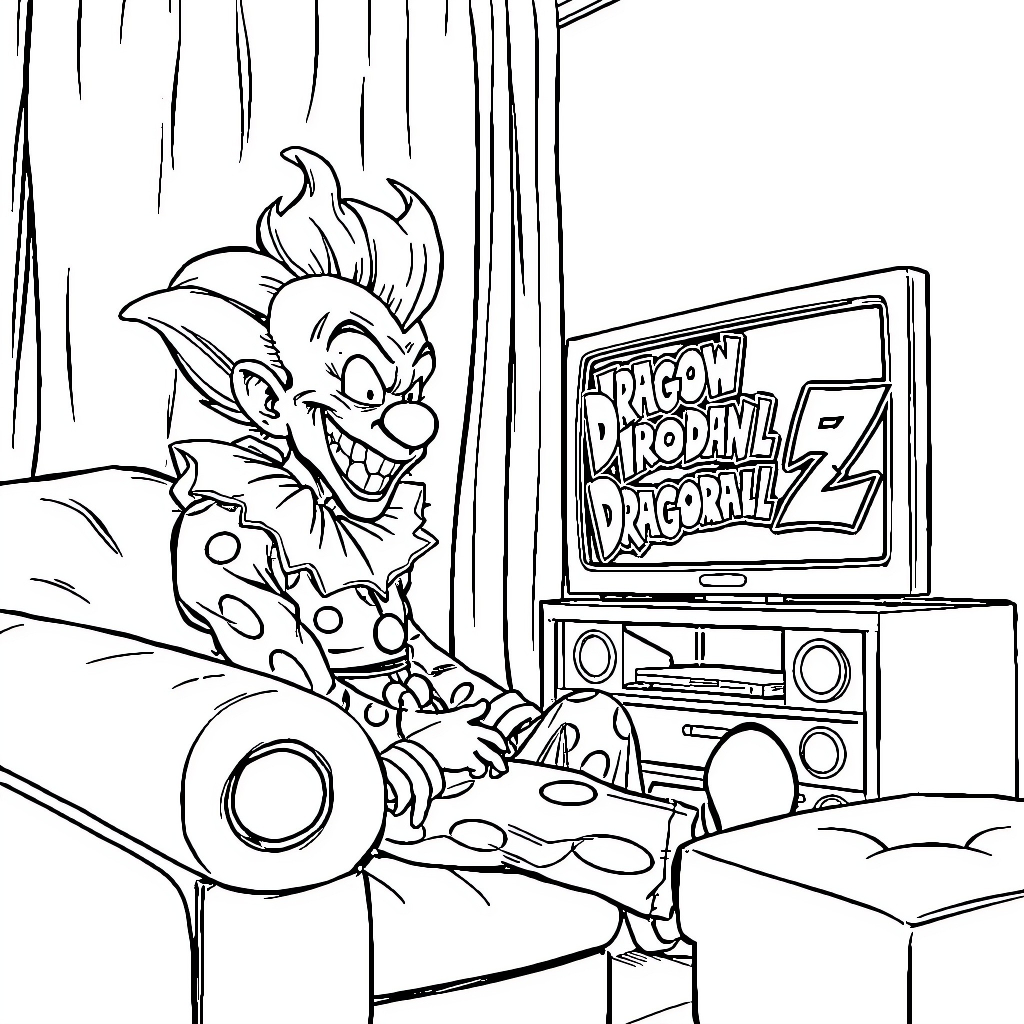 Art The Clown playing video game in bedroom Coloring Page (free black-and-white line drawing printable PDF for all, from beginners to advanced learners, including children, teens, adults, and seniors)