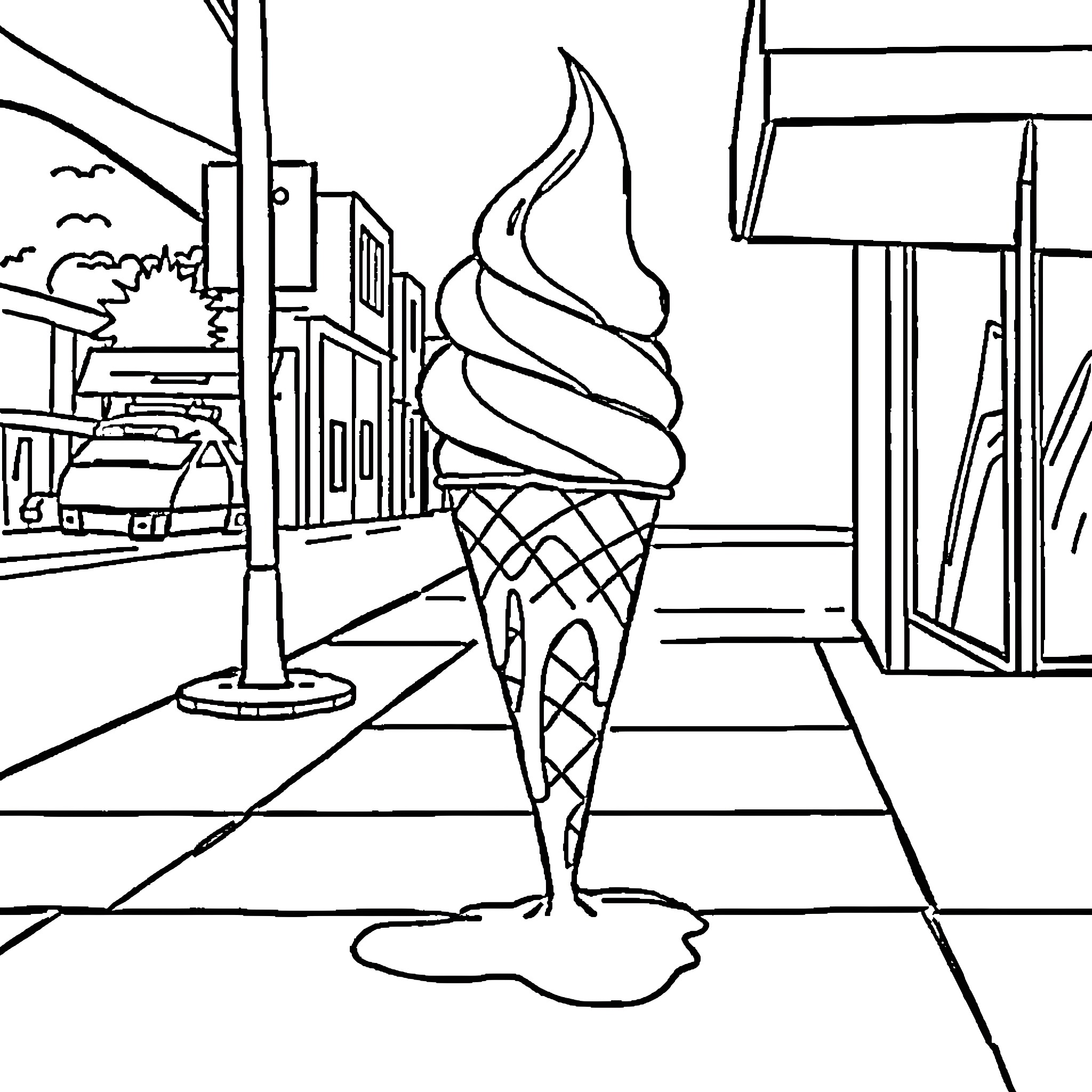Ice Cream on a City Street Coloring Page (free black-and-white line drawing printable PDF for all, from beginners to advanced learners, including children, teens, adults, and seniors)