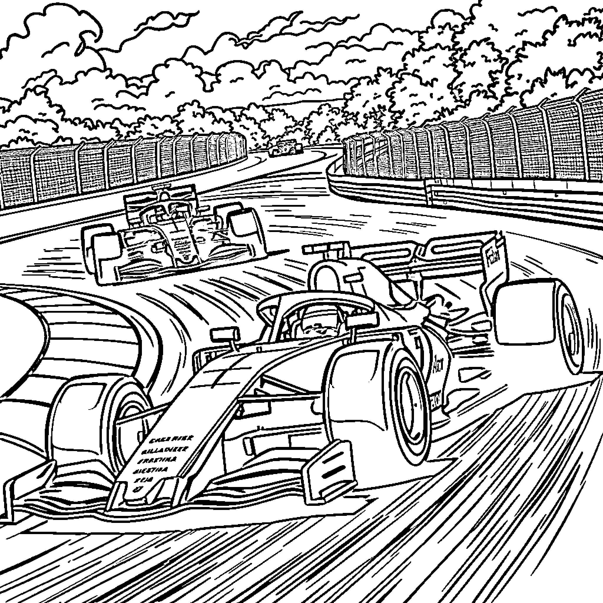 Formula 1 Race on the Track with Speed and Motion Coloring Page (free black-and-white line drawing printable PDF for all, from beginners to advanced learners, including children, teens, adults, and seniors)