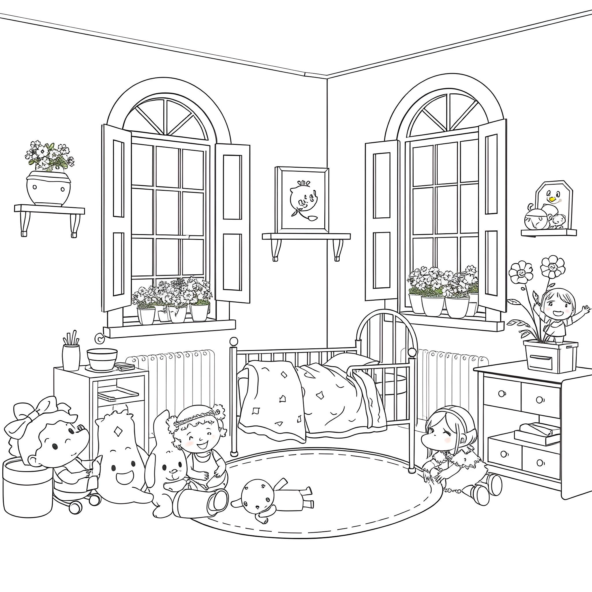 Doll characters relaxing in cozy bedroom Coloring Page (free black-and-white line drawing printable PDF for all, from beginners to advanced learners, including children, teens, adults, and seniors)
