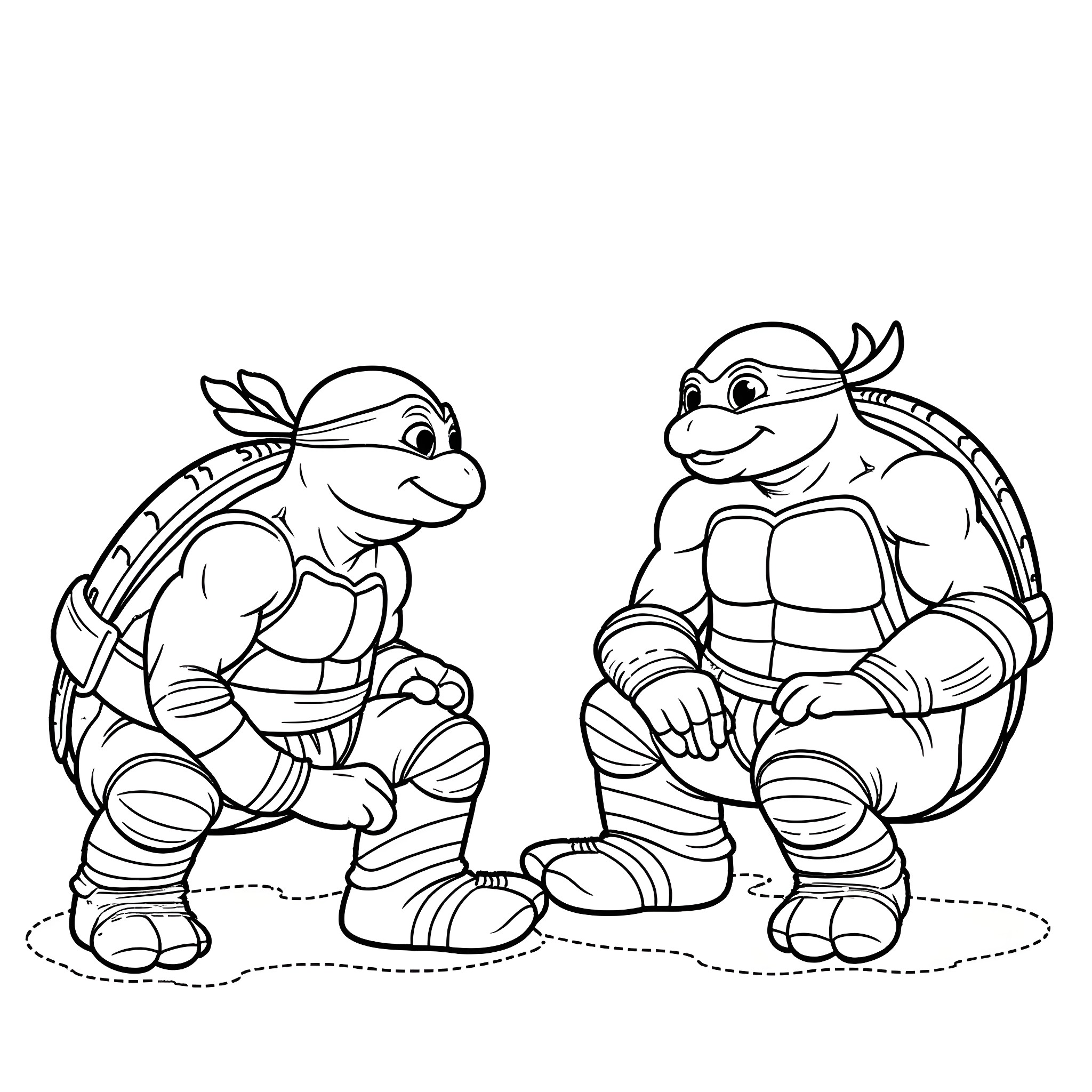 Ninja Turtle friends in action poses Coloring Page (free black-and-white line drawing printable PDF for all, from beginners to advanced learners, including children, teens, adults, and seniors)