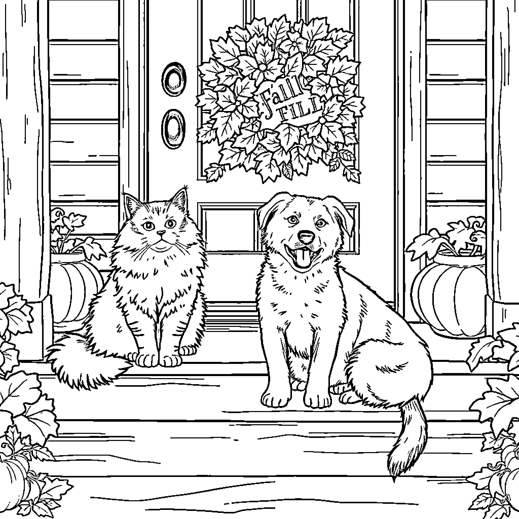 Cat and Dog Enjoying Autumn Porch Scene Coloring Page (free black-and-white line drawing printable PDF for all, from beginners to advanced learners, including children, teens, adults, and seniors)