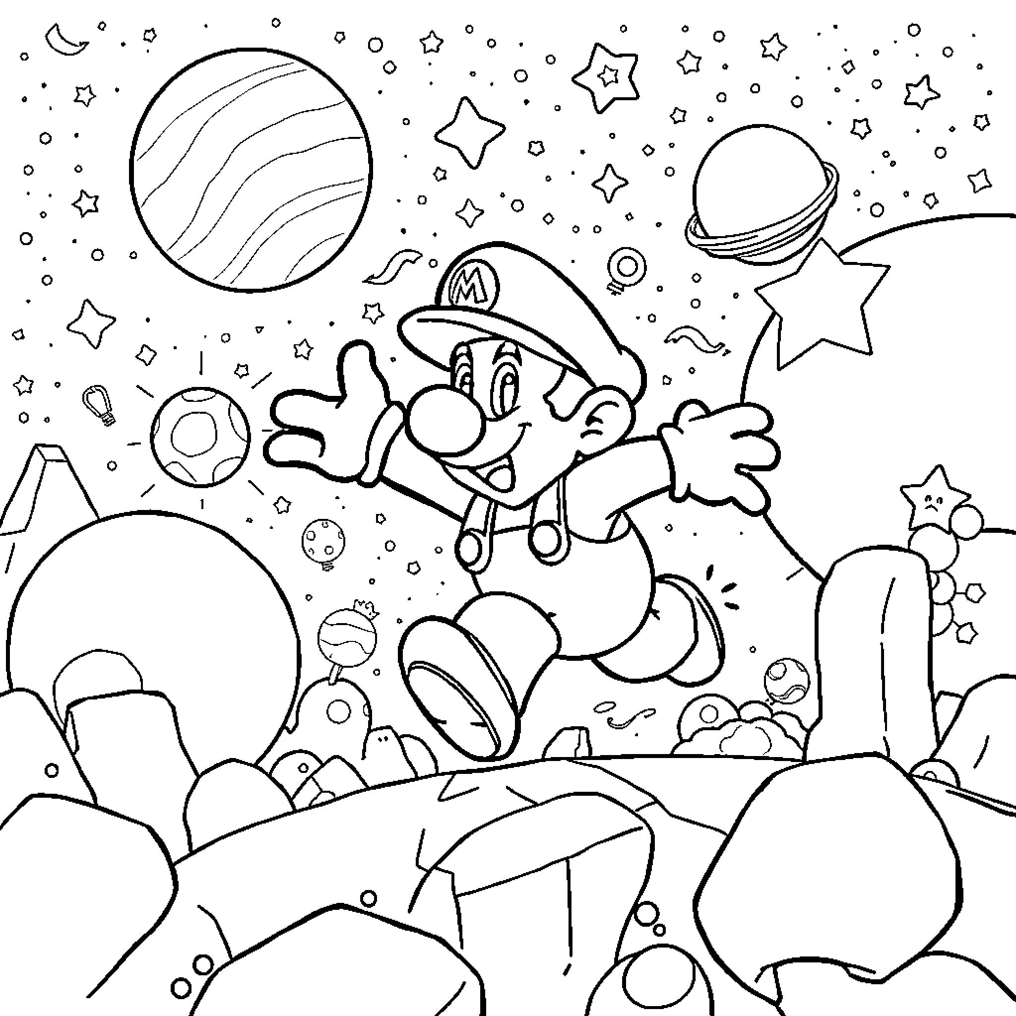 Mario's Cosmic Adventure Coloring Page (free black-and-white line drawing printable PDF for all, from beginners to advanced learners, including children, teens, adults, and seniors)