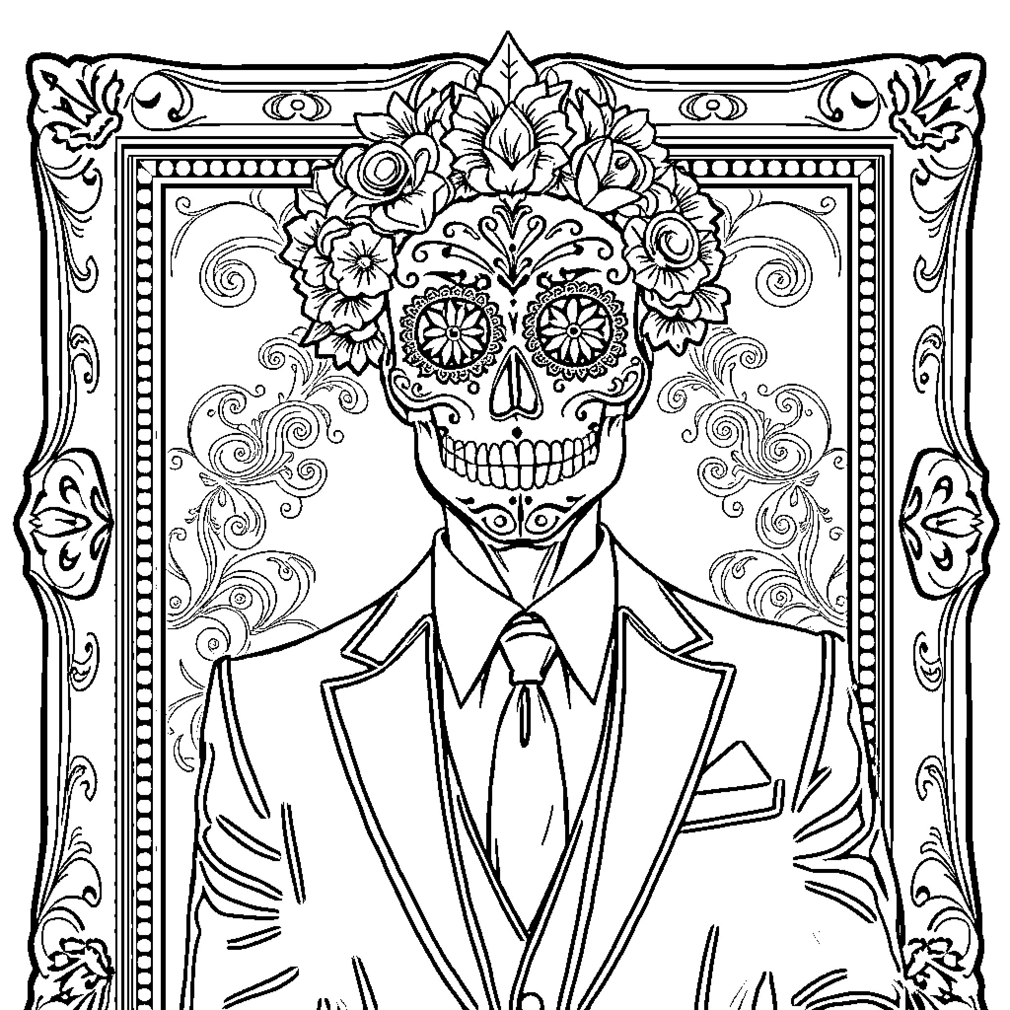 Man in floral decorated suit and skull mask Coloring Page (free black-and-white line drawing printable PDF for all, from beginners to advanced learners, including children, teens, adults, and seniors)