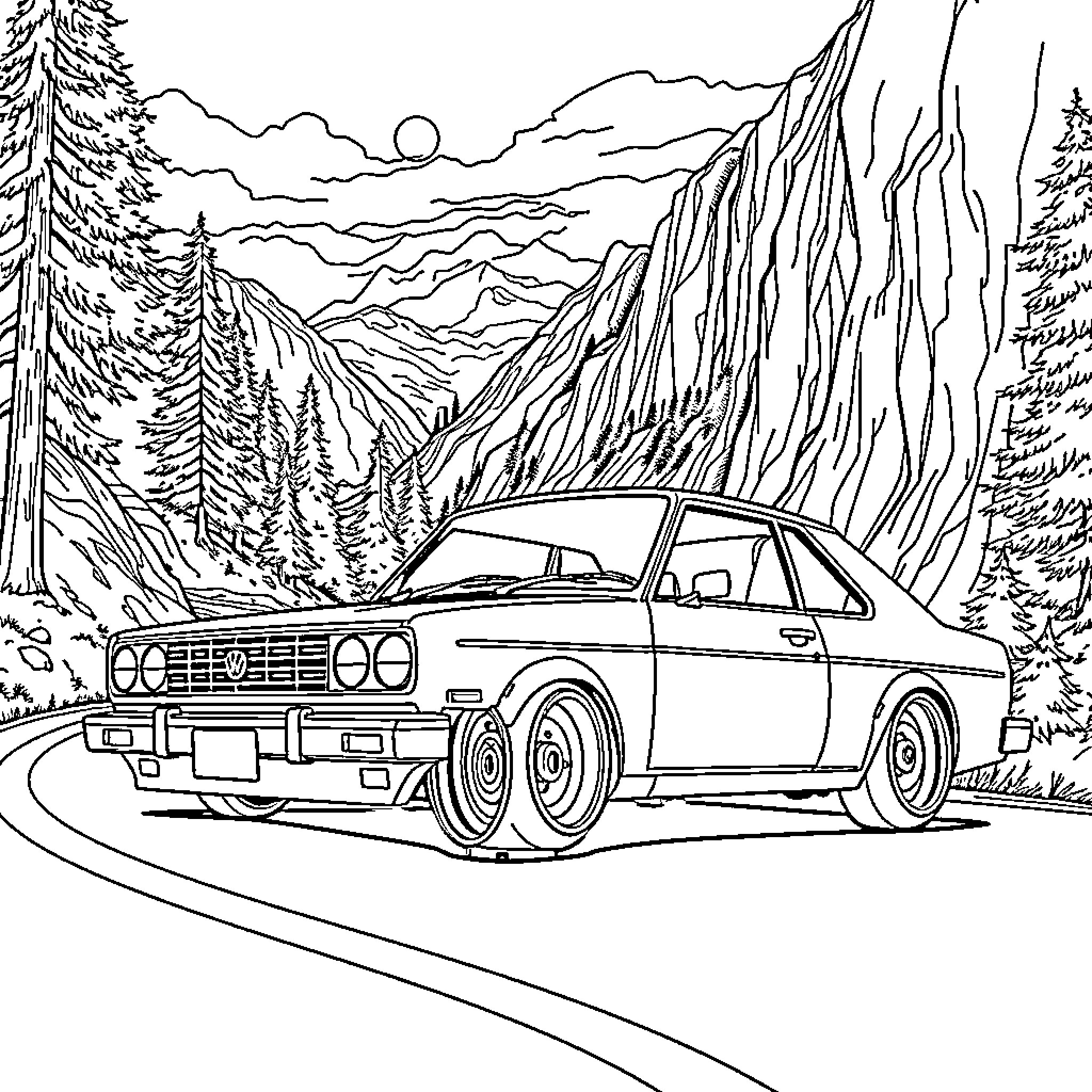 VW Bora on a scenic mountain road Coloring Page (free black-and-white line drawing printable PDF for all, from beginners to advanced learners, including children, teens, adults, and seniors)