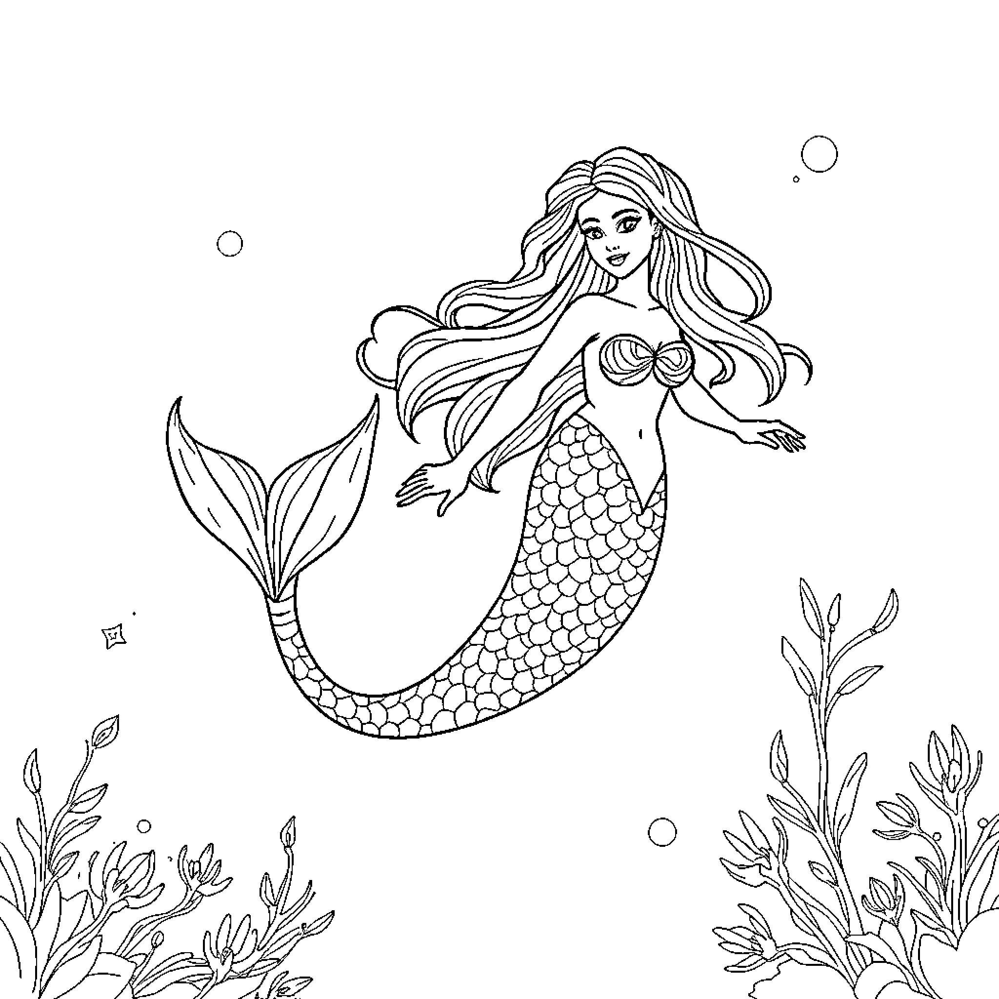 Mermaid swimming gracefully in the underwater garden Coloring Page (free black-and-white line drawing printable PDF for all, from beginners to advanced learners, including children, teens, adults, and seniors)