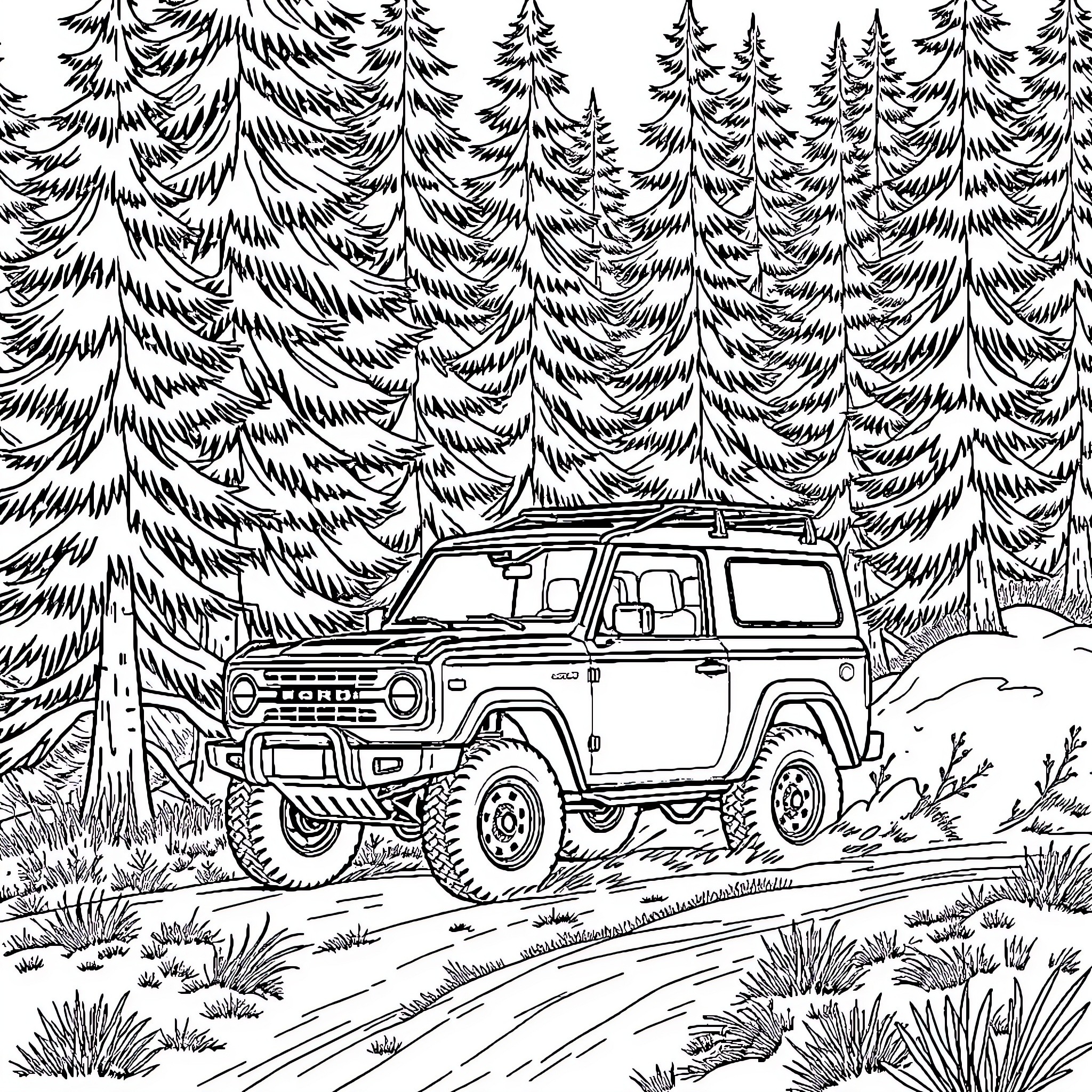 Ford Bronco off-road adventure in the forest Coloring Page (free black-and-white line drawing printable PDF for all, from beginners to advanced learners, including children, teens, adults, and seniors)