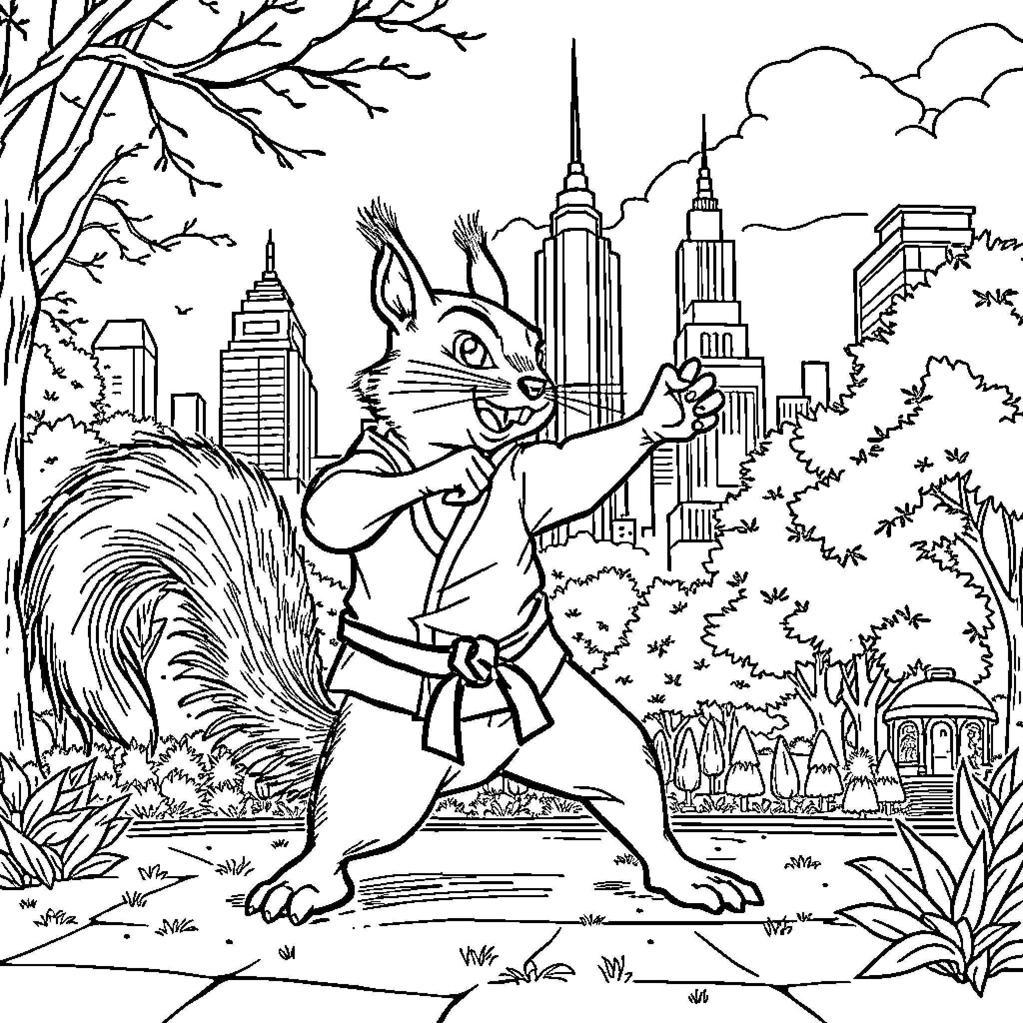 Squirrel fighting with nature in the city Coloring Page (free black-and-white line drawing printable PDF for all, from beginners to advanced learners, including children, teens, adults, and seniors)