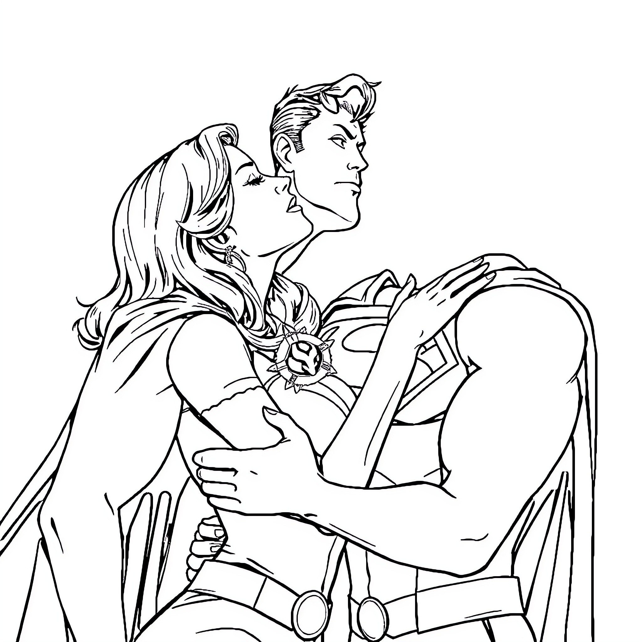 Superman embracing a distressed heroine Coloring Page (free black-and-white line drawing printable PDF for all, from beginners to advanced learners, including children, teens, adults, and seniors)