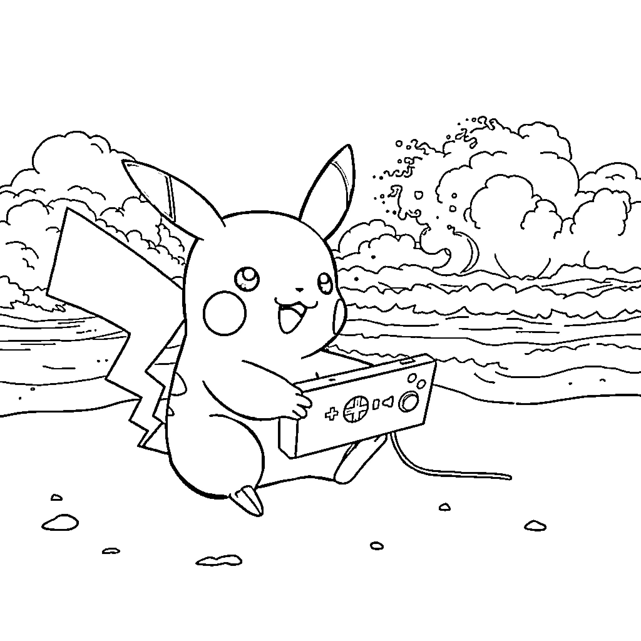 Pikachu playing video games on the beach Coloring Page (free black-and-white line drawing printable PDF for all, from beginners to advanced learners, including children, teens, adults, and seniors)