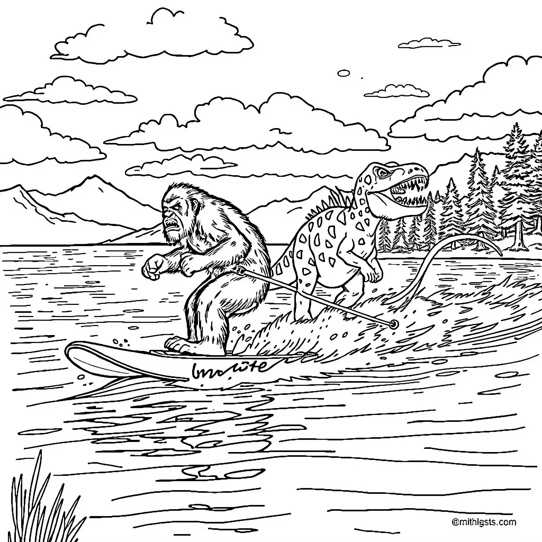 Sasquatch Paddleboarding with Dinosaur on Scenic Lake Coloring Page (free black-and-white line drawing printable PDF for all, from beginners to advanced learners, including children, teens, adults, and seniors)