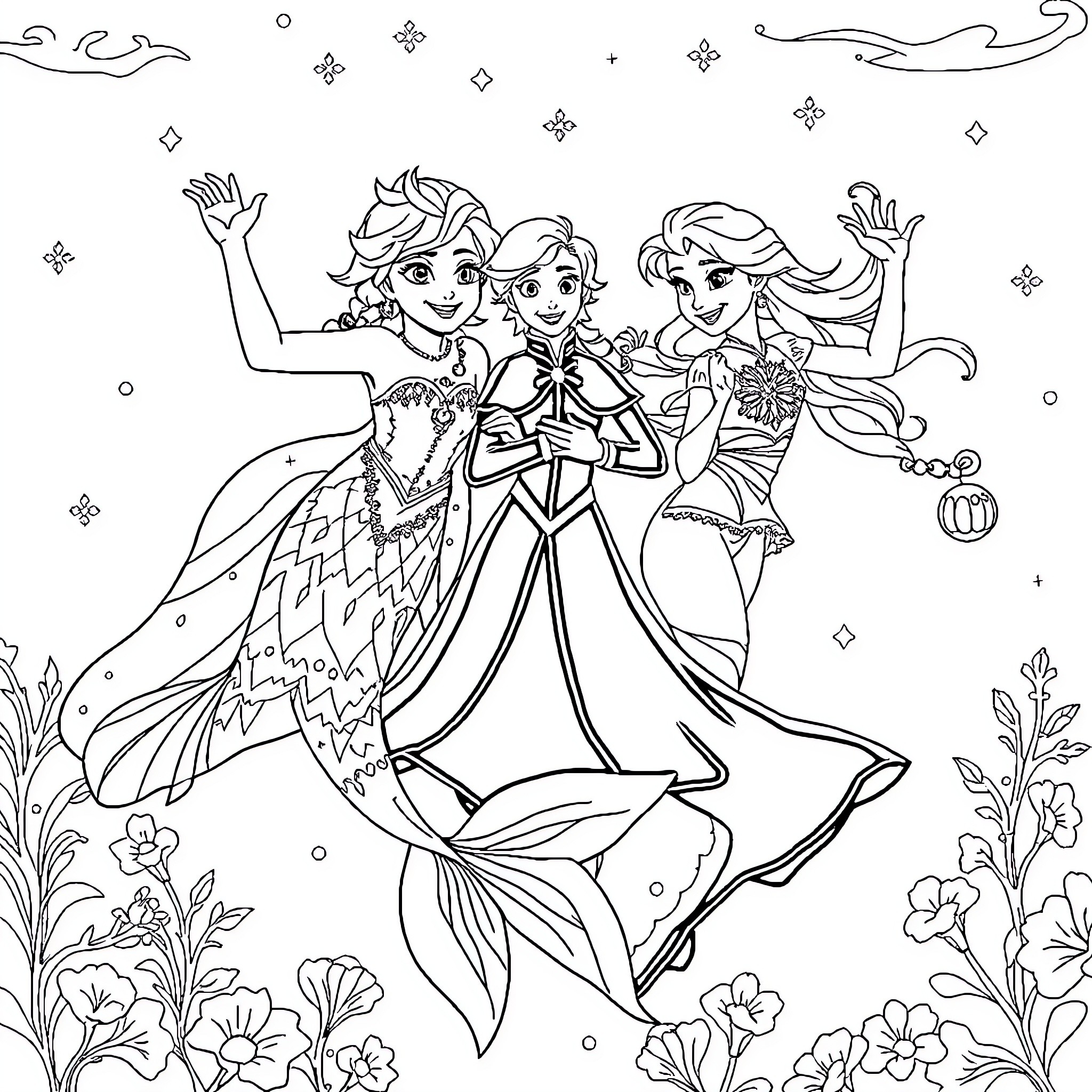 Mermaid friends dancing joyfully in an underwater garden Coloring Page (free black-and-white line drawing printable PDF for all, from beginners to advanced learners, including children, teens, adults, and seniors)