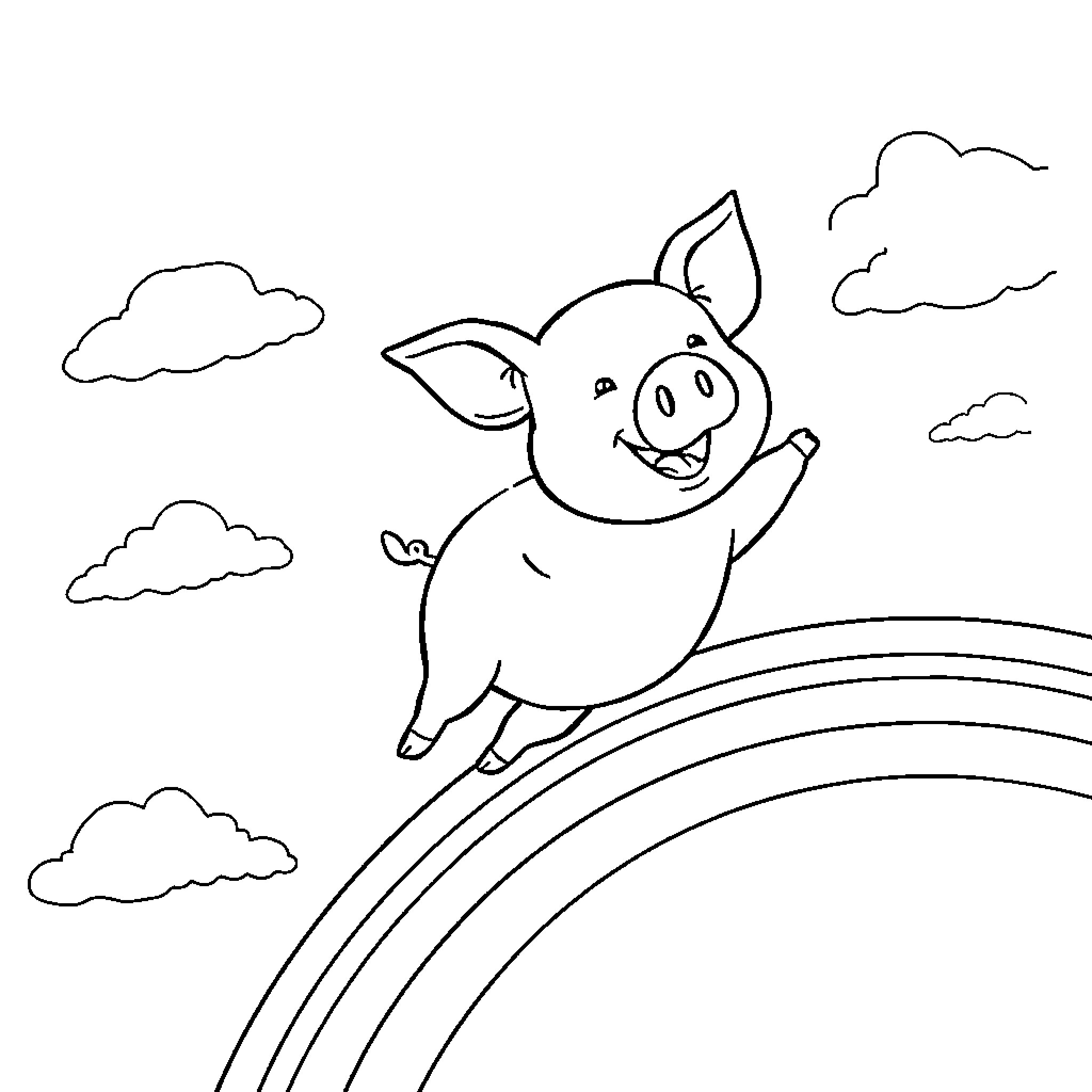 Pig happily jumping over rainbow Coloring Page (free black-and-white line drawing printable PDF for all, from beginners to advanced learners, including children, teens, adults, and seniors)