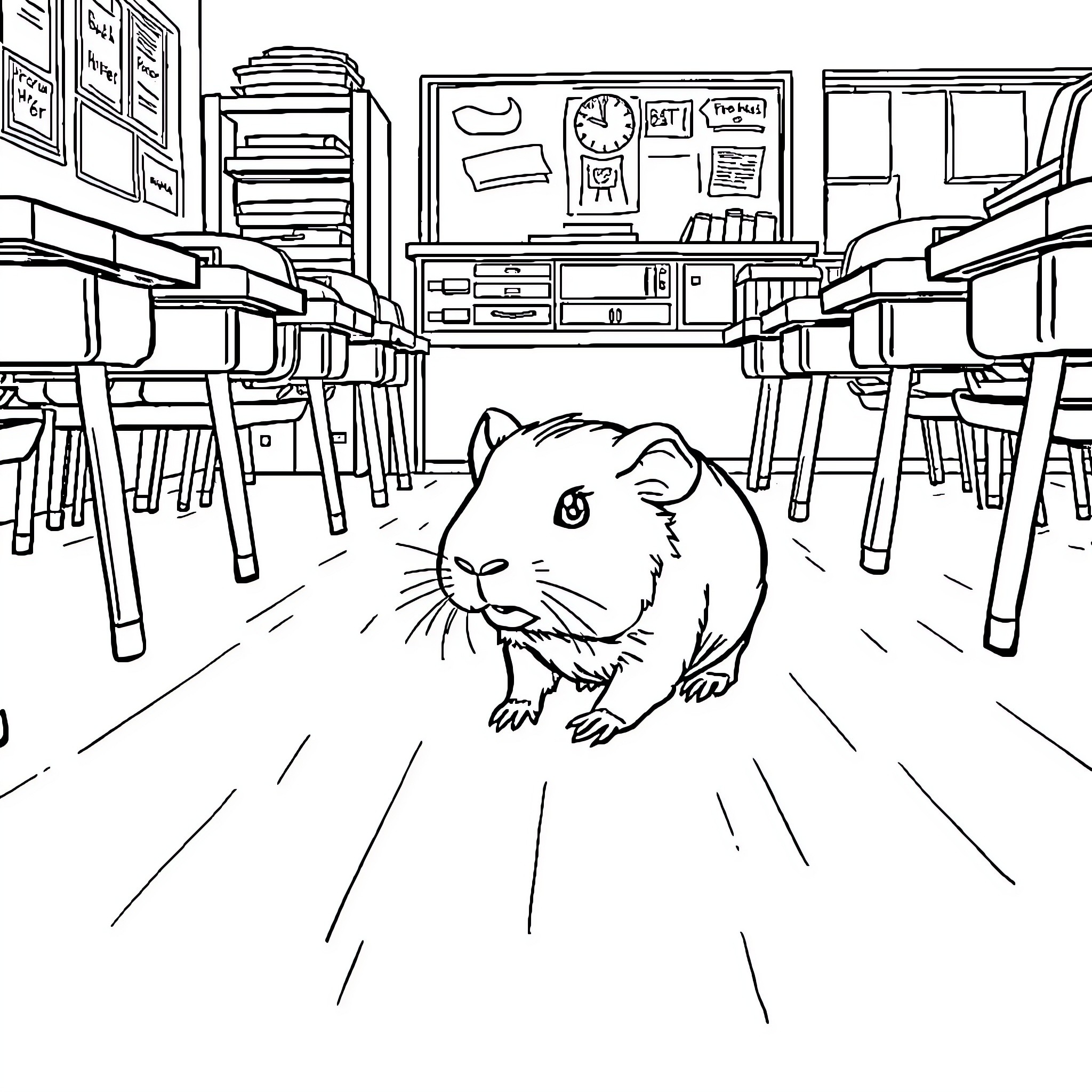 Guinea Pig Exploring an Empty Classroom Coloring Page (free black-and-white line drawing printable PDF for all, from beginners to advanced learners, including children, teens, adults, and seniors)