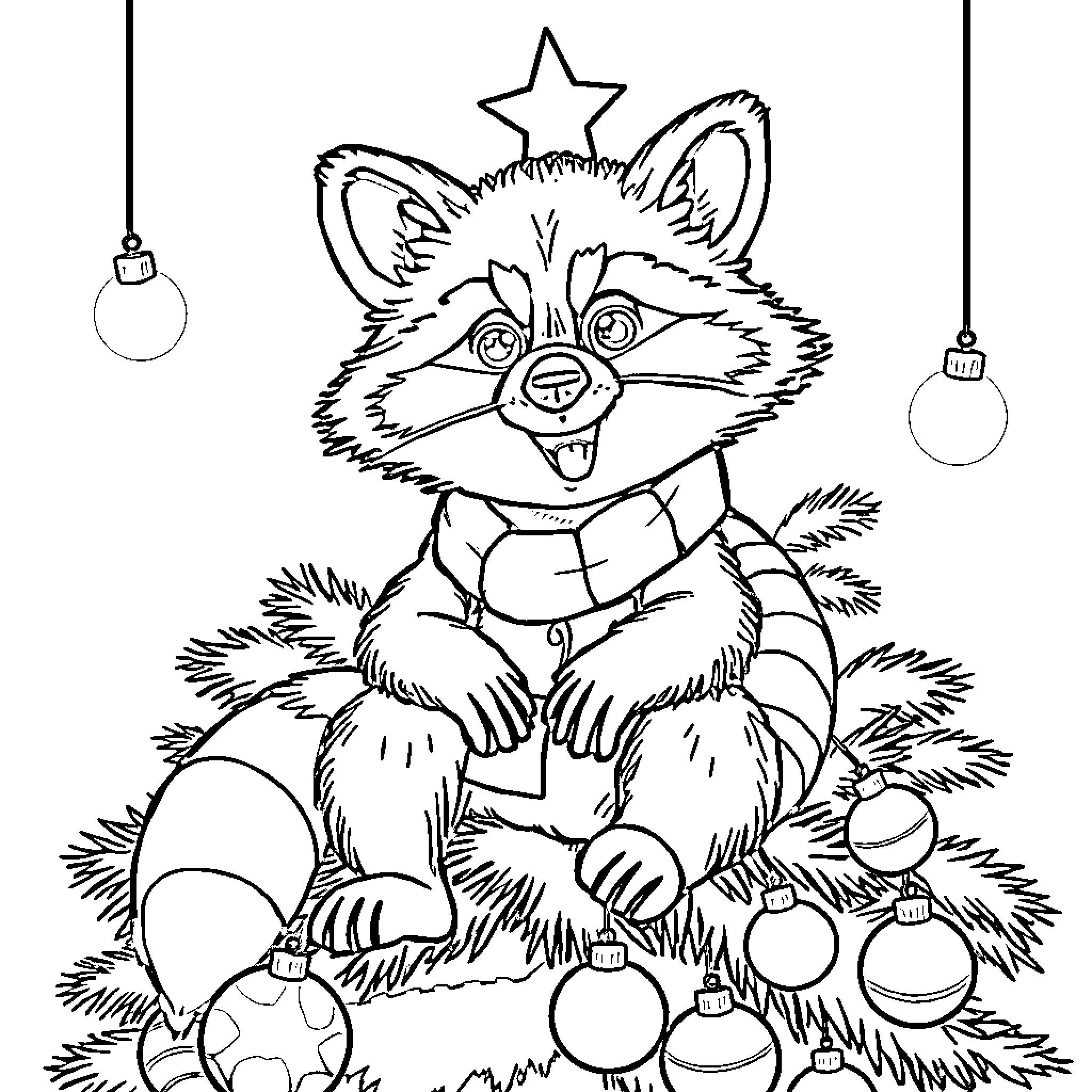 Rocket Raccoon decorating a Christmas tree Coloring Page (free black-and-white line drawing printable PDF for all, from beginners to advanced learners, including children, teens, adults, and seniors)