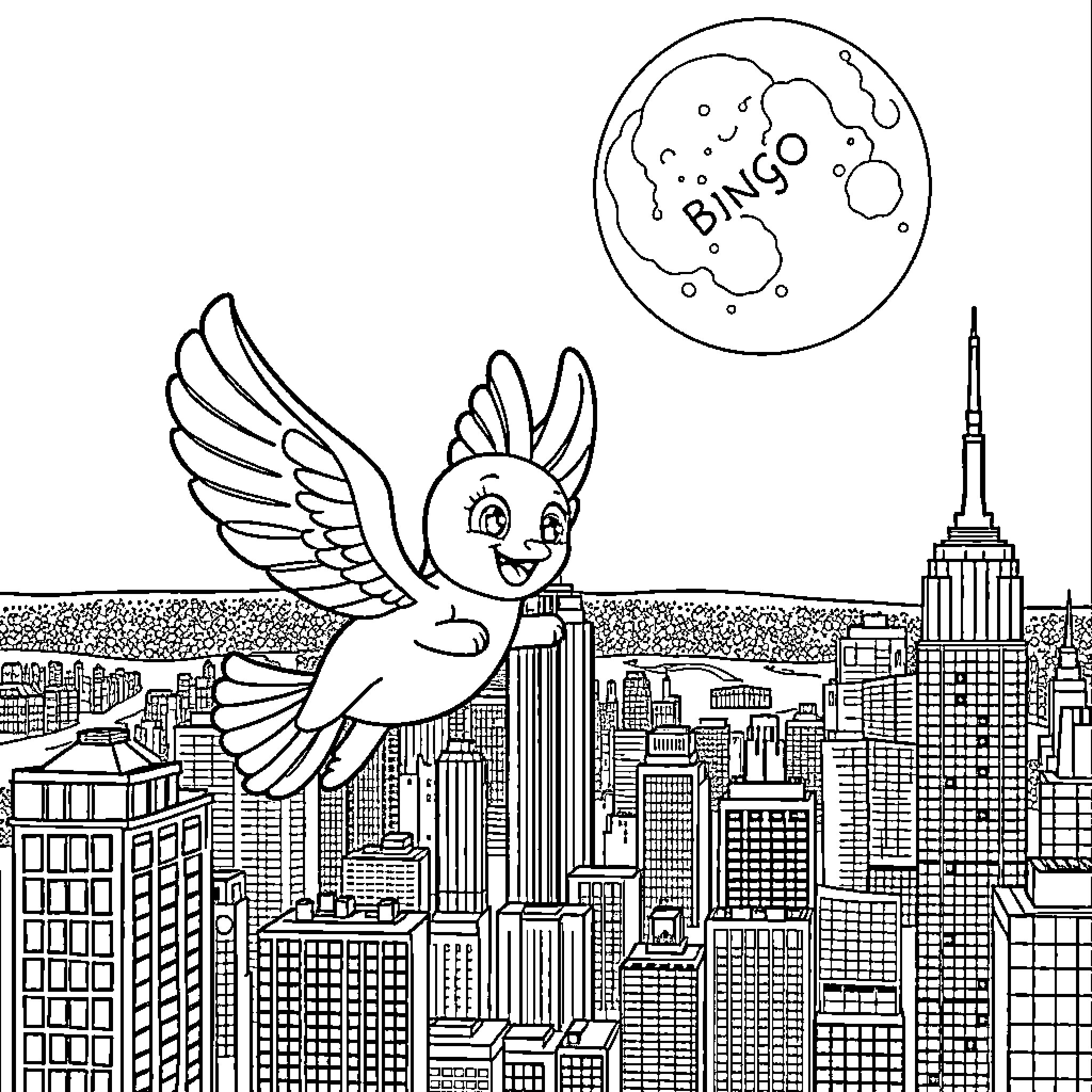 Bluey's Bingo Adventure Over the City Coloring Page (free black-and-white line drawing printable PDF for all, from beginners to advanced learners, including children, teens, adults, and seniors)
