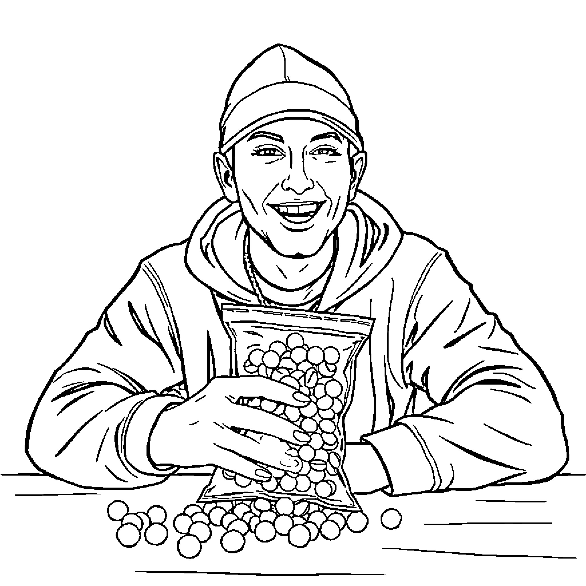 Eminem Enjoying a Bowl of Snacks Coloring Page (free black-and-white line drawing printable PDF for all, from beginners to advanced learners, including children, teens, adults, and seniors)