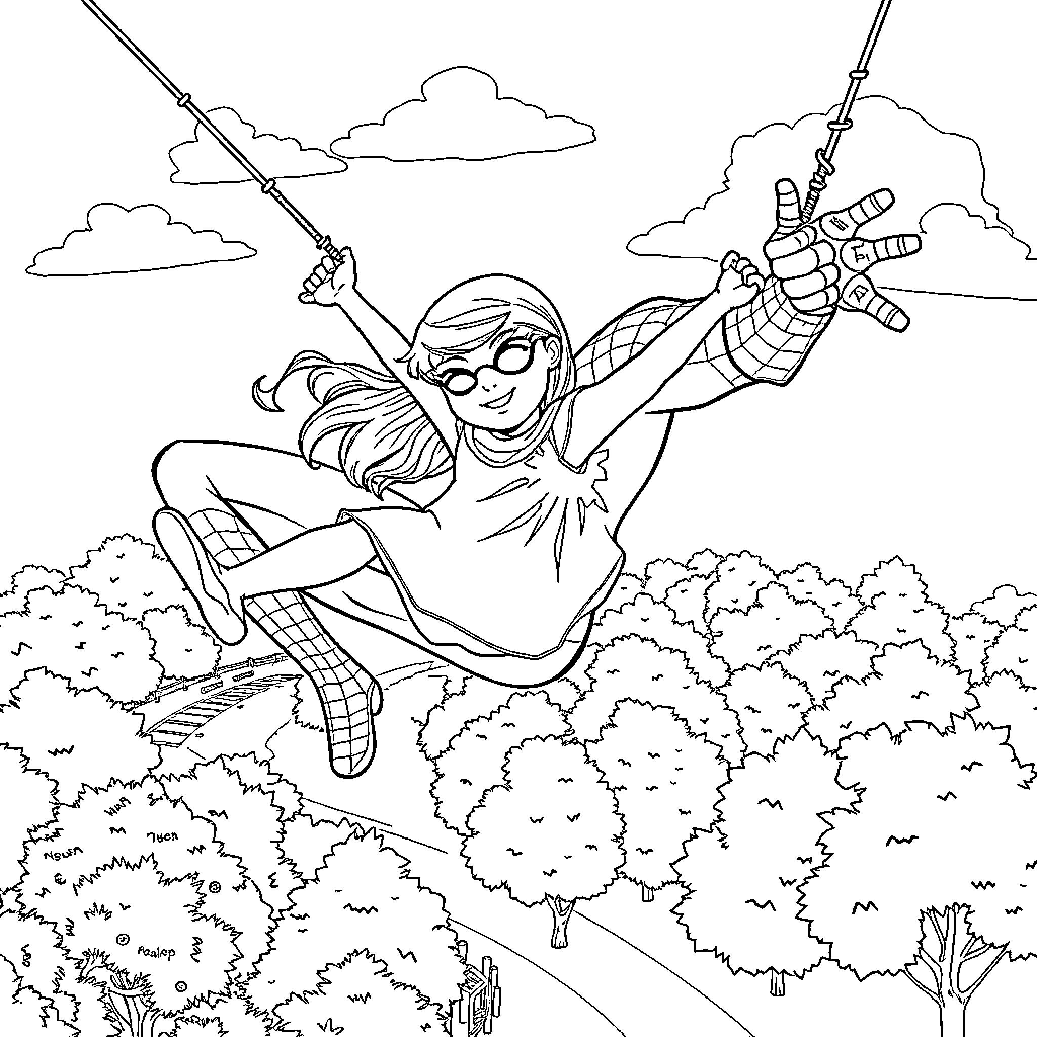 Spiderman swinging through the city skyline Coloring Page (free black-and-white line drawing printable PDF for all, from beginners to advanced learners, including children, teens, adults, and seniors)
