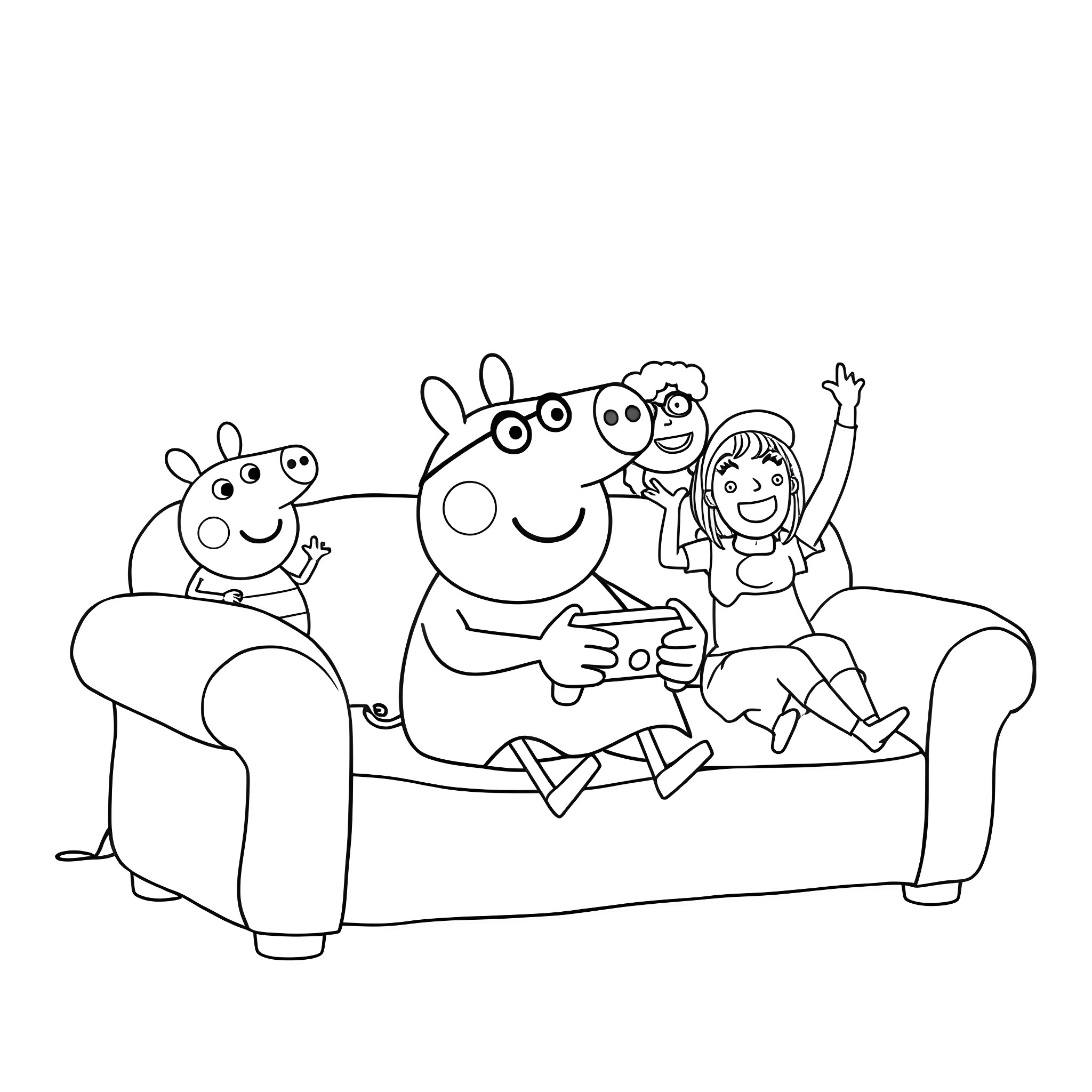 Peppa Pig's family playing together on the sofa Coloring Page (free black-and-white line drawing printable PDF for all, from beginners to advanced learners, including children, teens, adults, and seniors)