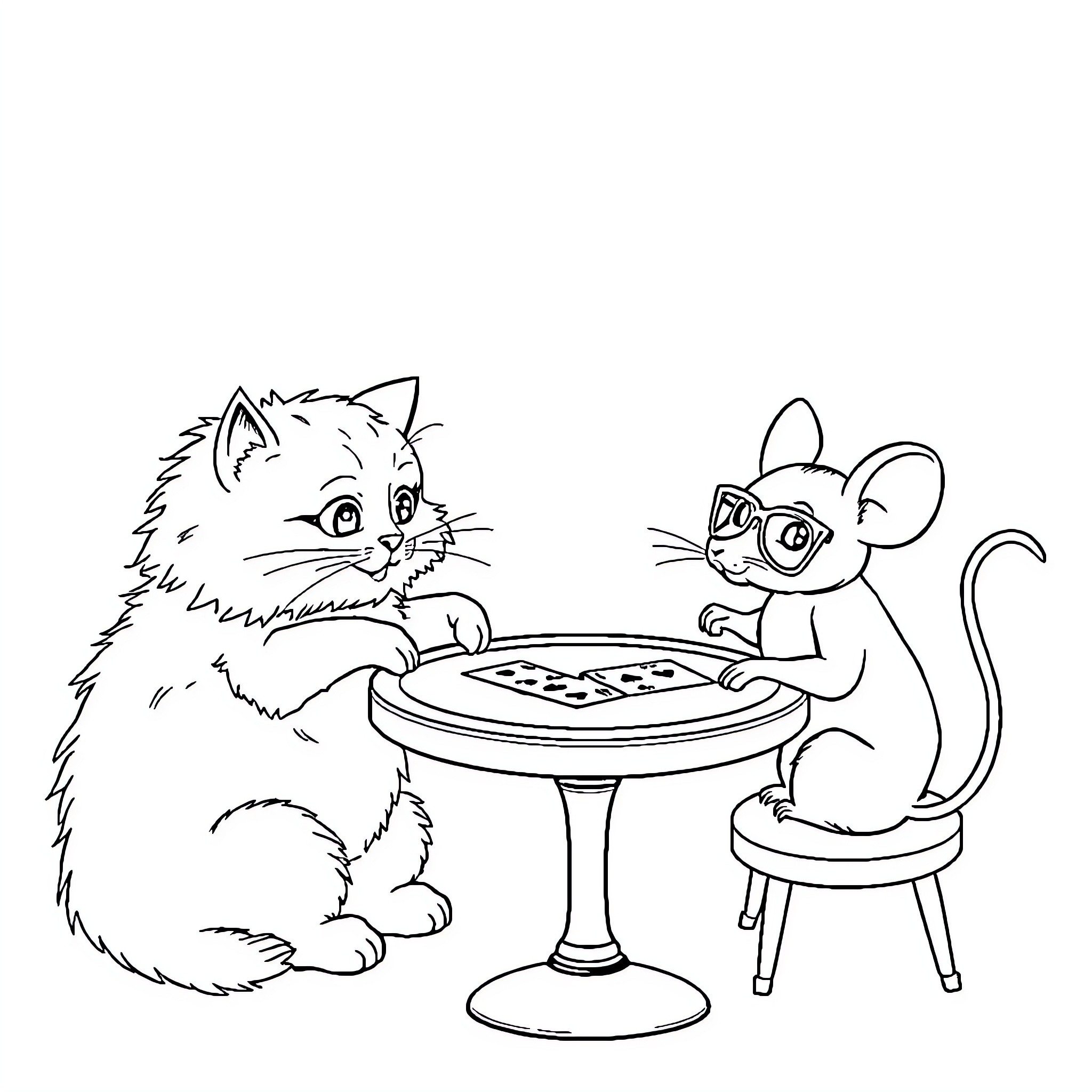 Cat and mouse playing chess together Coloring Page (free black-and-white line drawing printable PDF for all, from beginners to advanced learners, including children, teens, adults, and seniors)