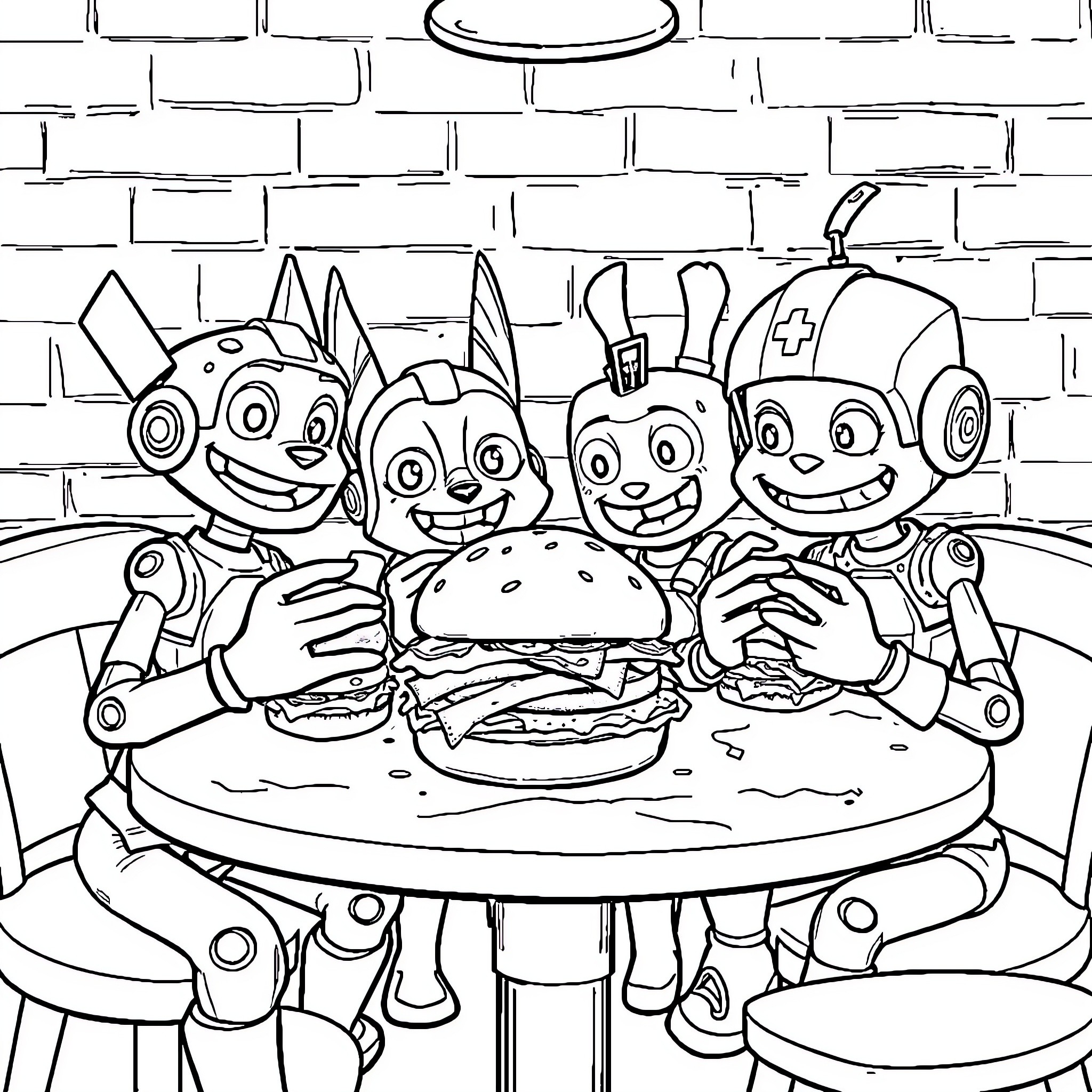 Ratchet Robots Enjoying Burgers Together Coloring Page (free black-and-white line drawing printable PDF for all, from beginners to advanced learners, including children, teens, adults, and seniors)