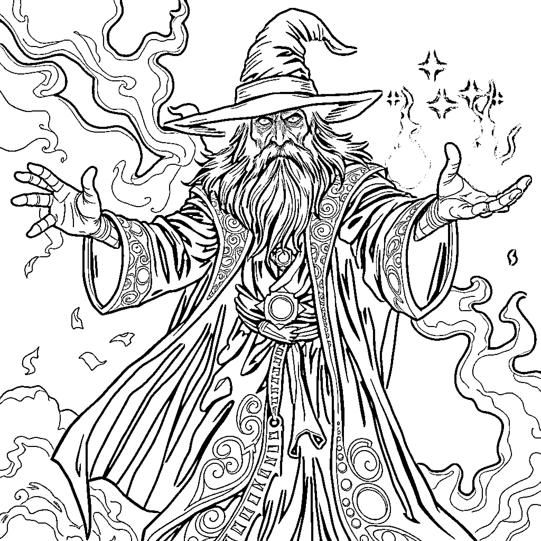 Witch Doctor casting mystical spells in a fantastical realm Coloring Page (free black-and-white line drawing printable PDF for all, from beginners to advanced learners, including children, teens, adults, and seniors)