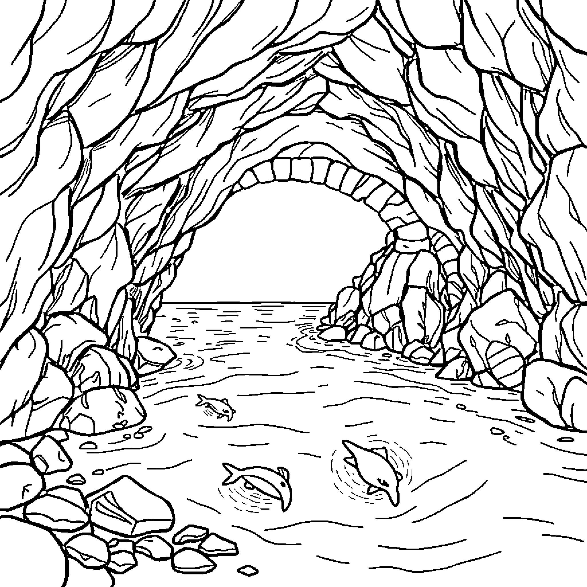 Sea Cave with Underwater Creatures Coloring Page (free black-and-white line drawing printable PDF for all, from beginners to advanced learners, including children, teens, adults, and seniors)