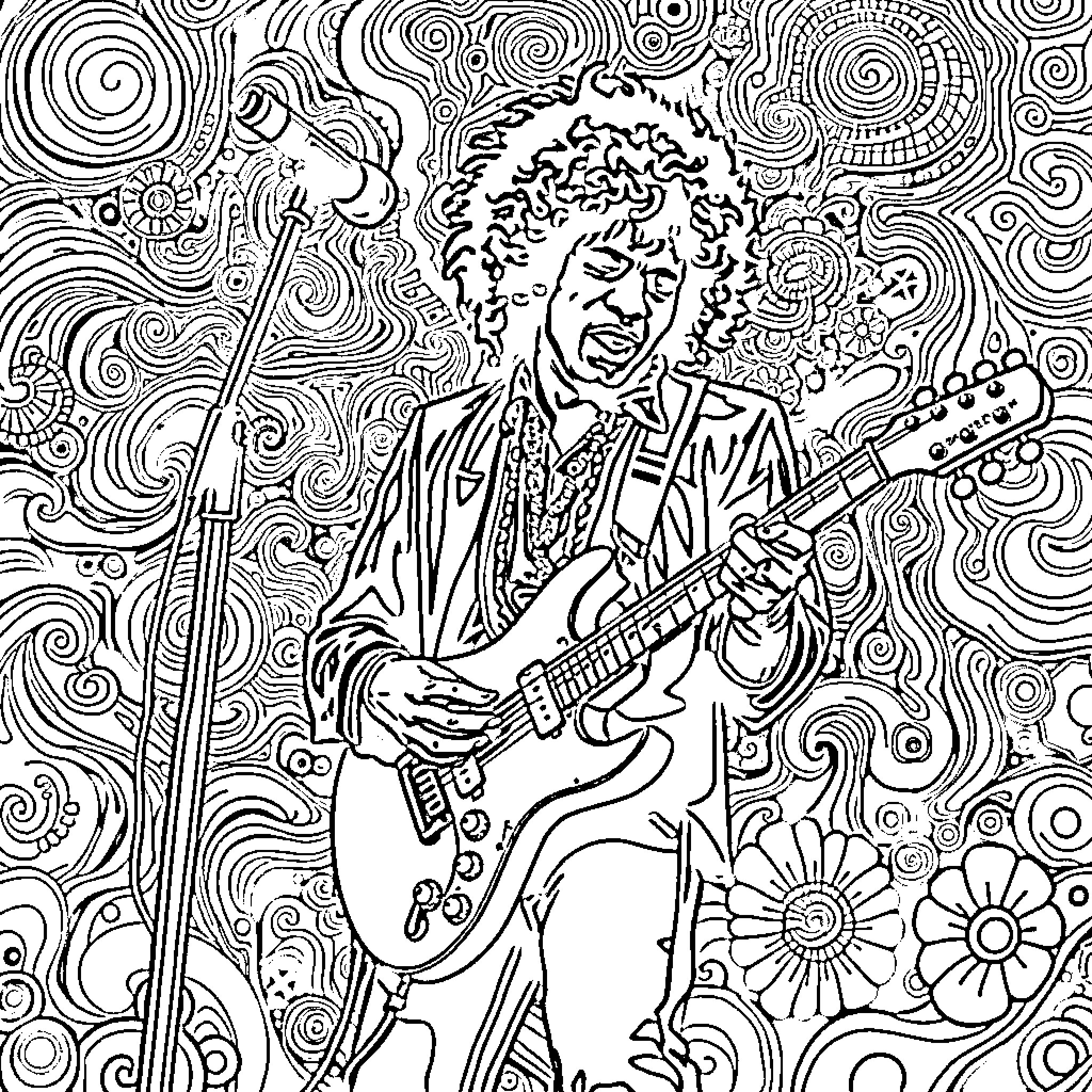 Jimi Hendrix rocking out on stage with his electric guitar Coloring Page (free black-and-white line drawing printable PDF for all, from beginners to advanced learners, including children, teens, adults, and seniors)