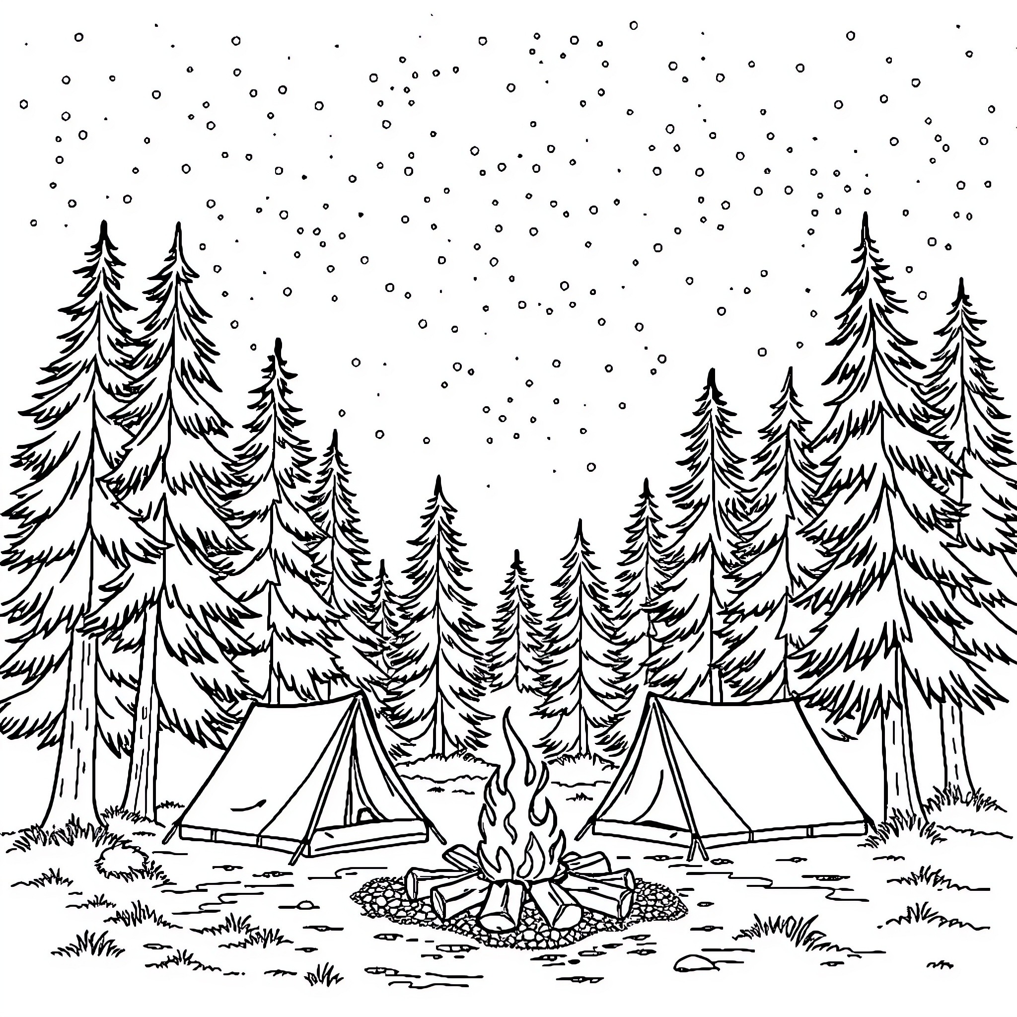 Camping in the snowy forest with tents and campfire Coloring Page (free black-and-white line drawing printable PDF for all, from beginners to advanced learners, including children, teens, adults, and seniors)