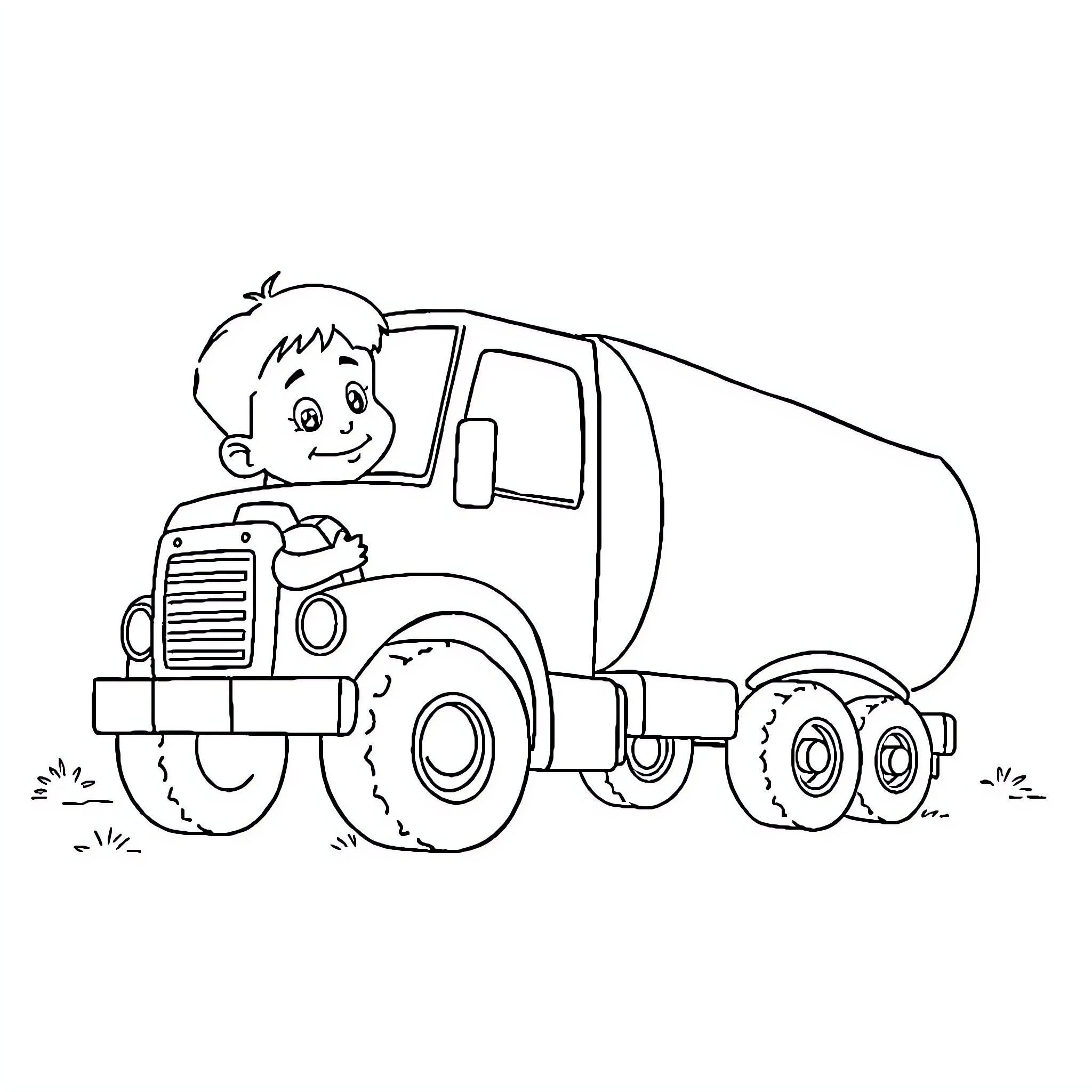 Niño driving a cheerful cement mixer truck Coloring Page (free black-and-white line drawing printable PDF for all, from beginners to advanced learners, including children, teens, adults, and seniors)