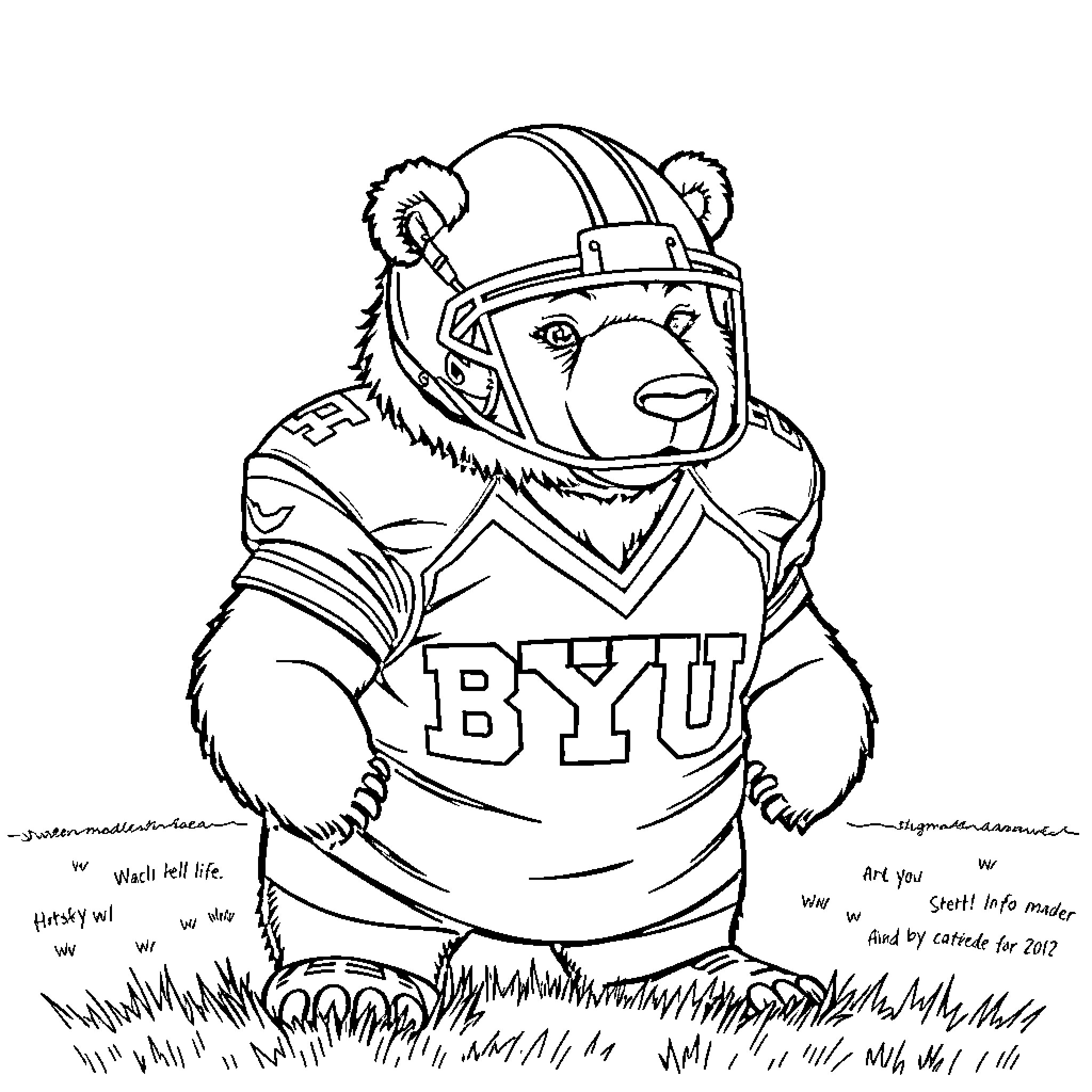 Bear in football uniform on the field Coloring Page (free black-and-white line drawing printable PDF for all, from beginners to advanced learners, including children, teens, adults, and seniors)