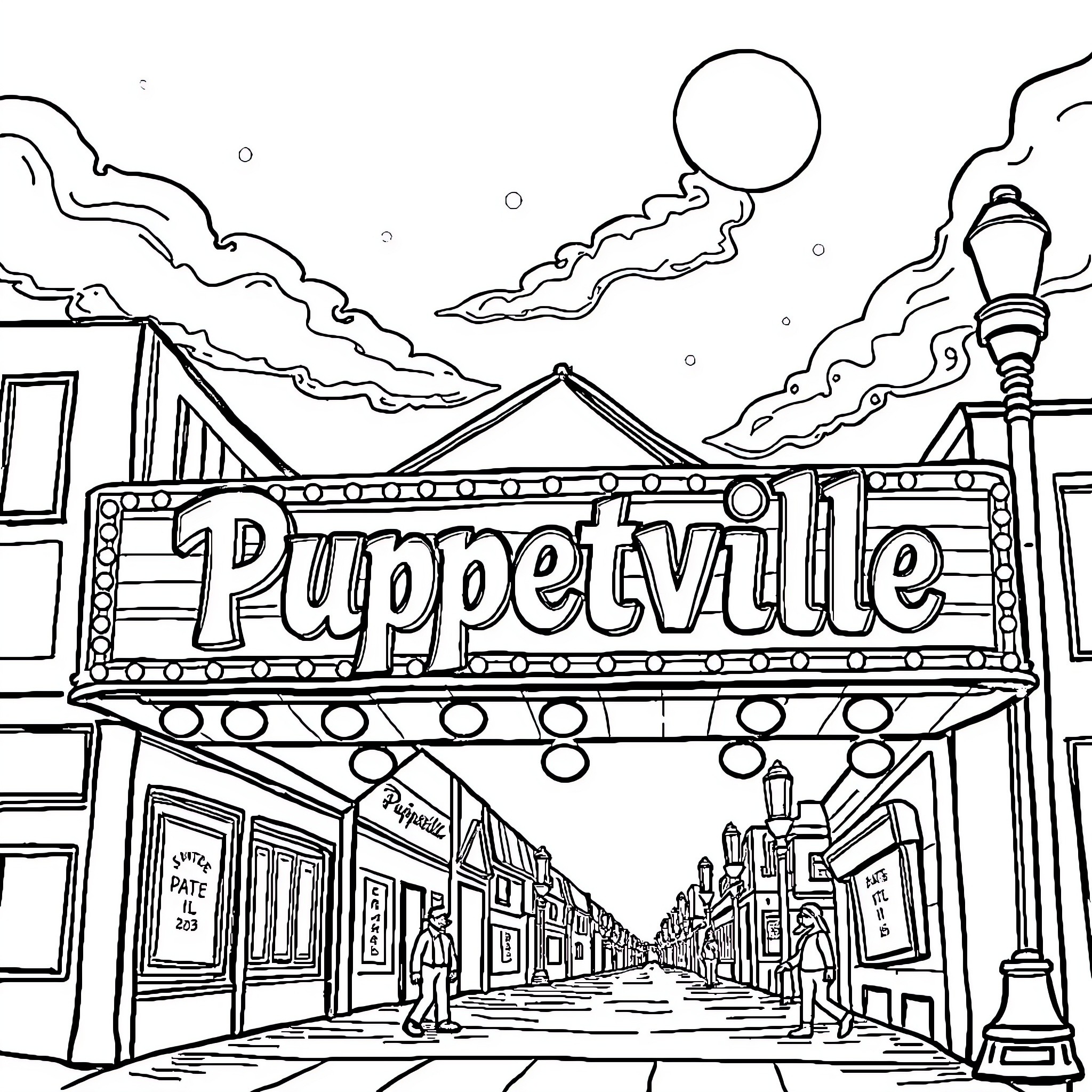 Puppetville: A Vibrant Puppet-Filled Theatrical Experience Coloring Page (free black-and-white line drawing printable PDF for all, from beginners to advanced learners, including children, teens, adults, and seniors)