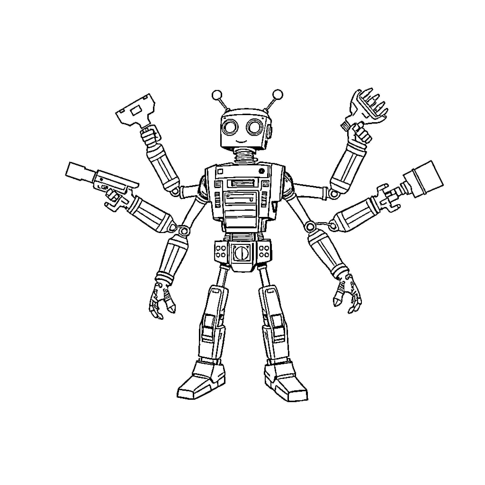 Robot with Multiple Arms and Tools Coloring Page (free black-and-white line drawing printable PDF for all, from beginners to advanced learners, including children, teens, adults, and seniors)