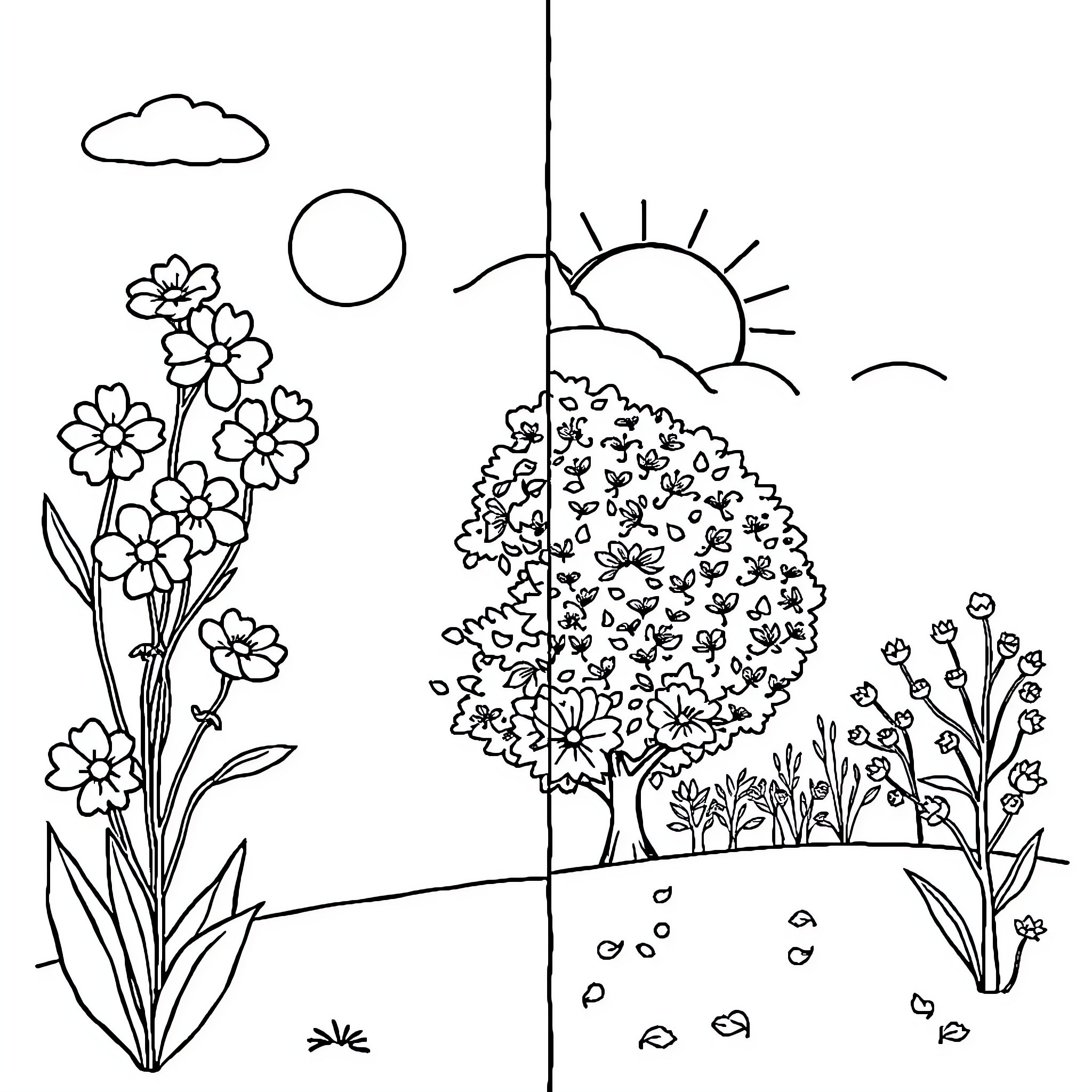 Season of Floral Scenery and Sunshine Coloring Page (free black-and-white line drawing printable PDF for all, from beginners to advanced learners, including children, teens, adults, and seniors)