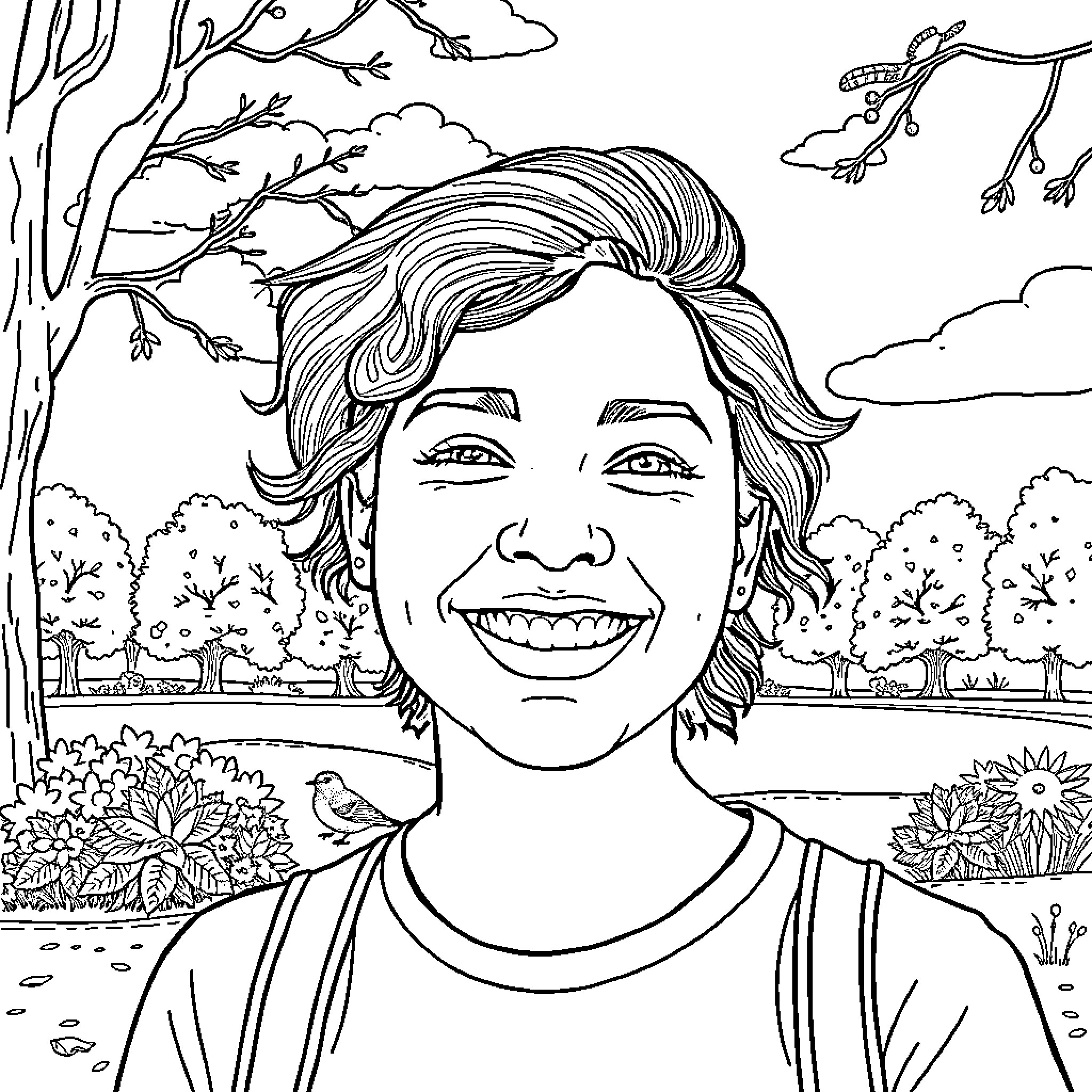 Me Enjoying the Outdoors in Nature Coloring Page (free black-and-white line drawing printable PDF for all, from beginners to advanced learners, including children, teens, adults, and seniors)
