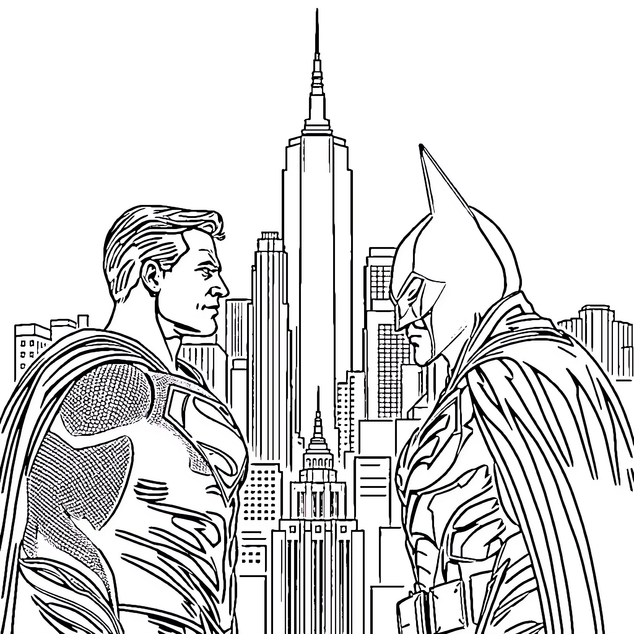 Superman confronts Gotham's Dark Knight in epic city skyline Coloring Page (free black-and-white line drawing printable PDF for all, from beginners to advanced learners, including children, teens, adults, and seniors)