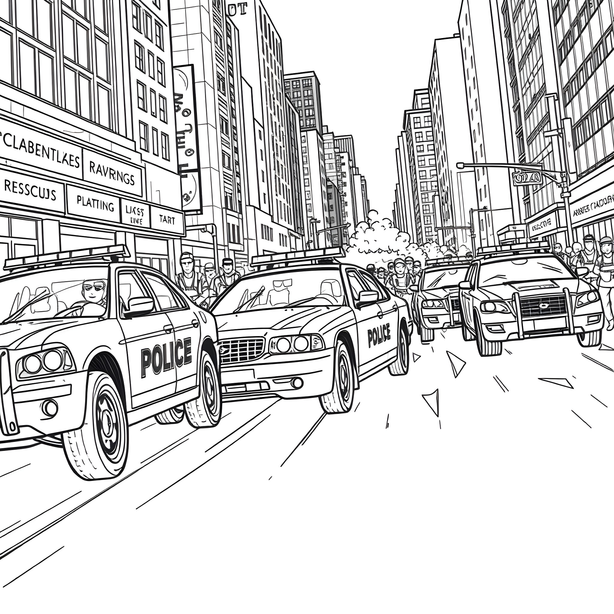 Police Cars Responding to Emergency in City Coloring Page (free black-and-white line drawing printable PDF for all, from beginners to advanced learners, including children, teens, adults, and seniors)