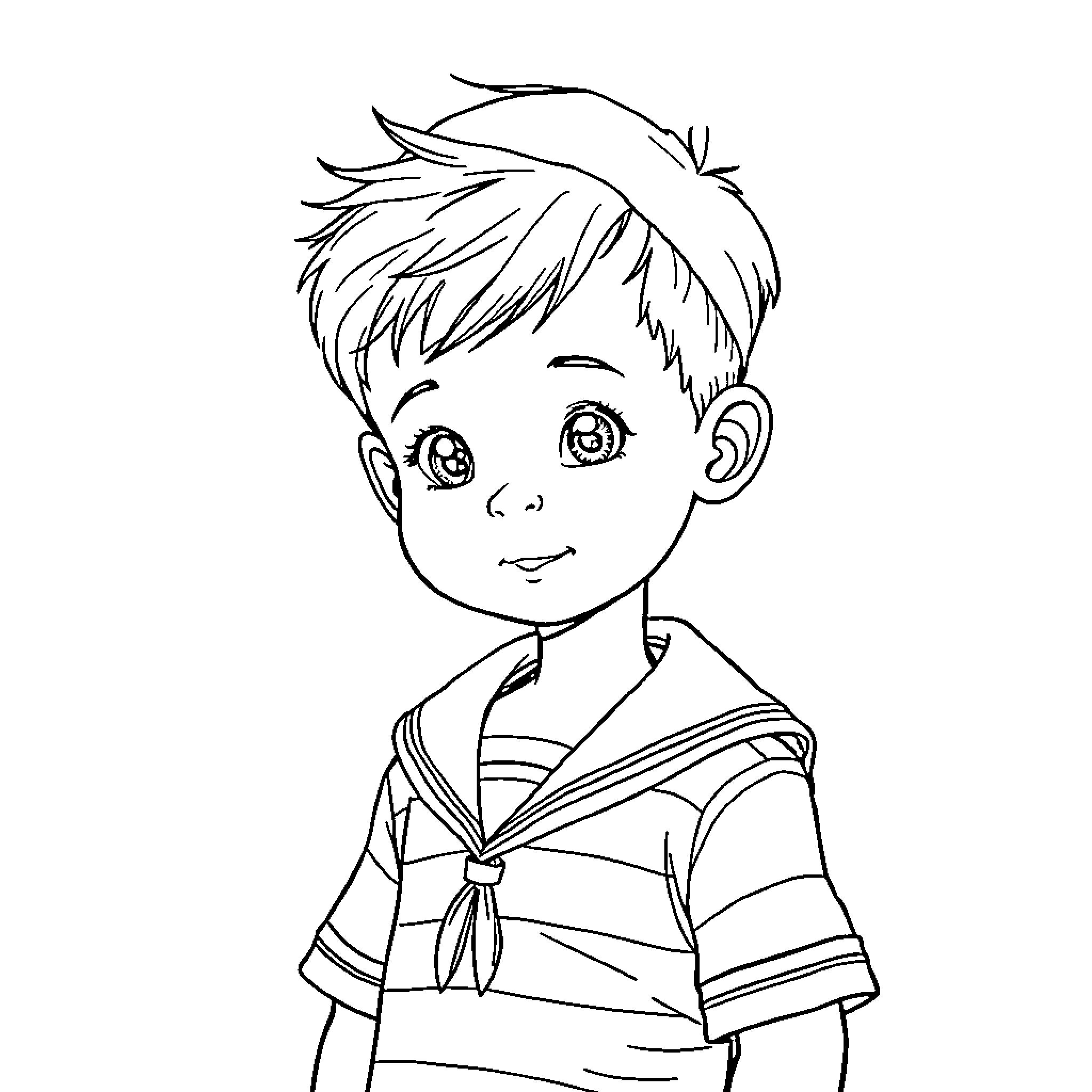 Boy in sailor outfit with cheerful expression Coloring Page (free black-and-white line drawing printable PDF for all, from beginners to advanced learners, including children, teens, adults, and seniors)