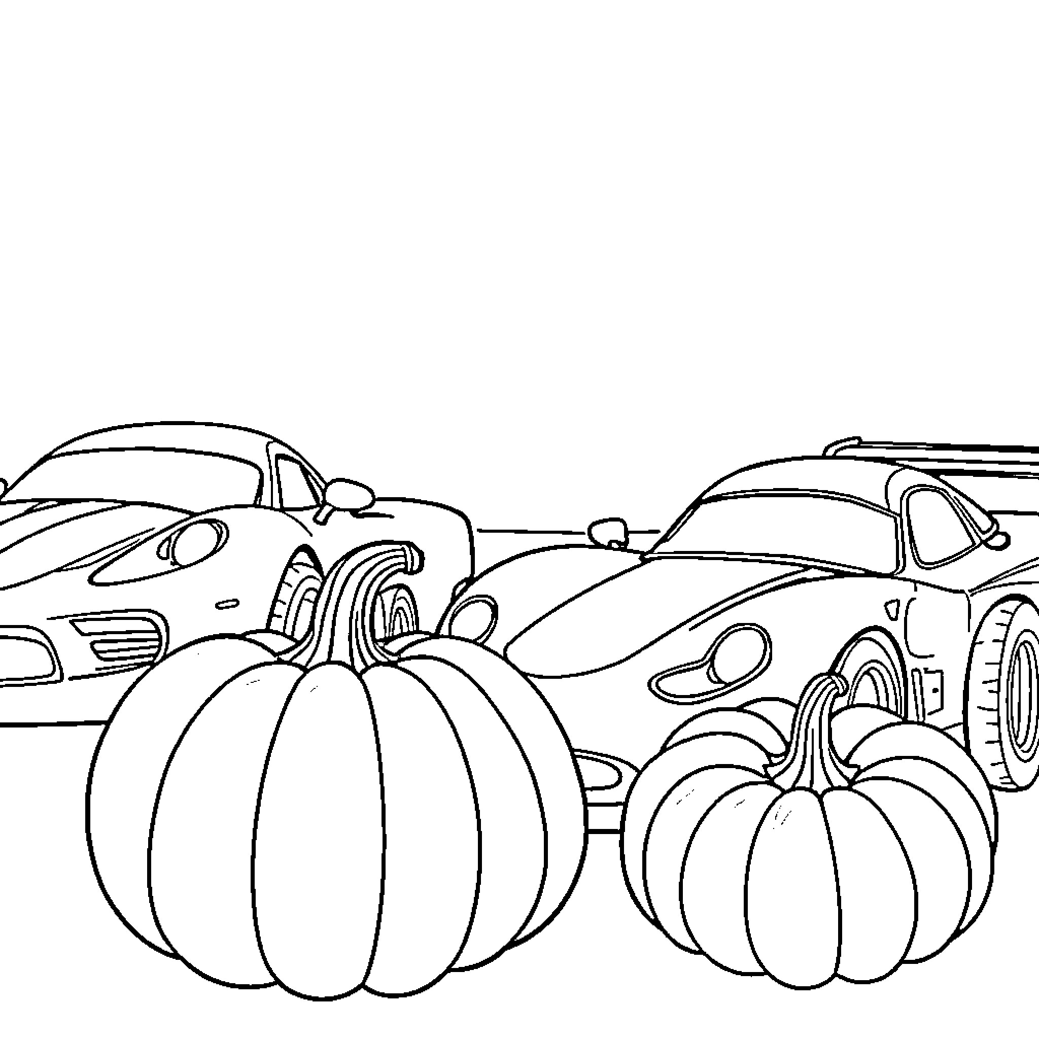 Pumpkin Patch with Colorful Cars Coloring Page (free black-and-white line drawing printable PDF for all, from beginners to advanced learners, including children, teens, adults, and seniors)