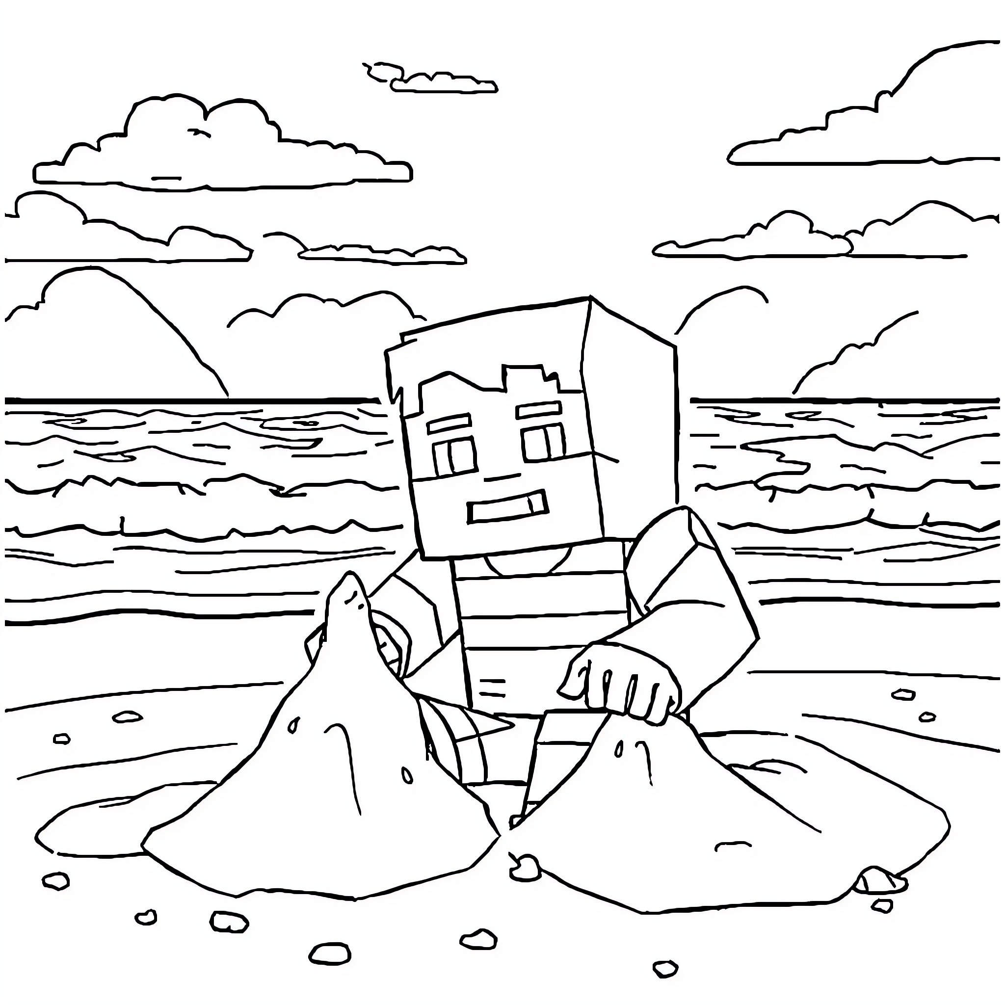 Steve building sandcastles on the beach Coloring Page (free black-and-white line drawing printable PDF for all, from beginners to advanced learners, including children, teens, adults, and seniors)